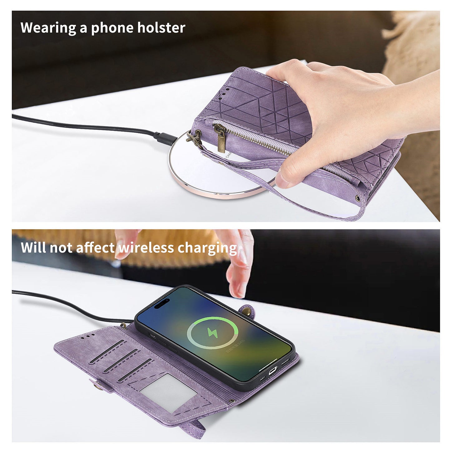 Uniqkart for Xiaomi Redmi 12 4G Zipper Pocket Wallet Stand Leather Case Geometry Imprinted Phone Cover with Strap - Purple
