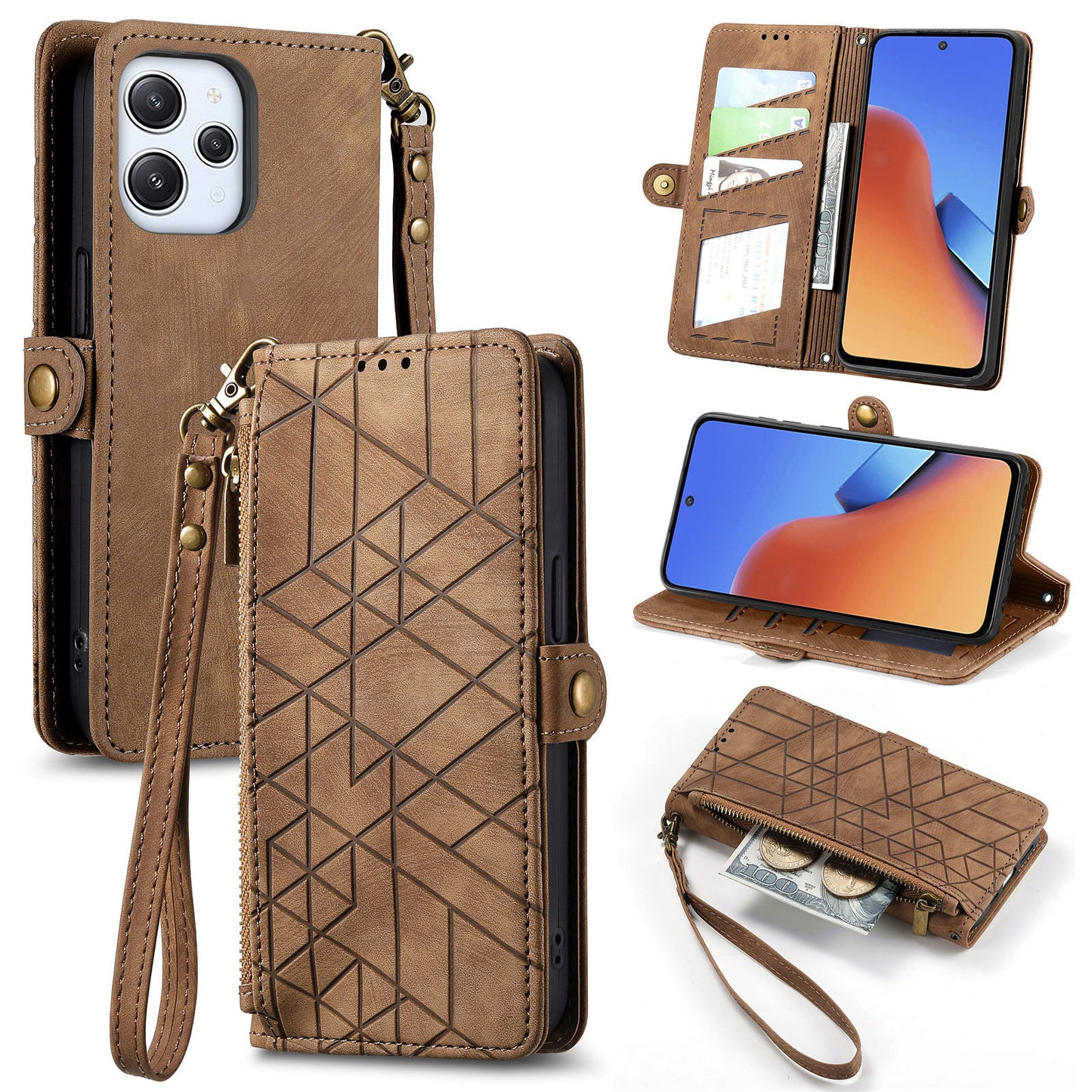 Uniqkart for Xiaomi Redmi 12 4G Zipper Pocket Wallet Stand Leather Case Geometry Imprinted Phone Cover with Strap - Brown