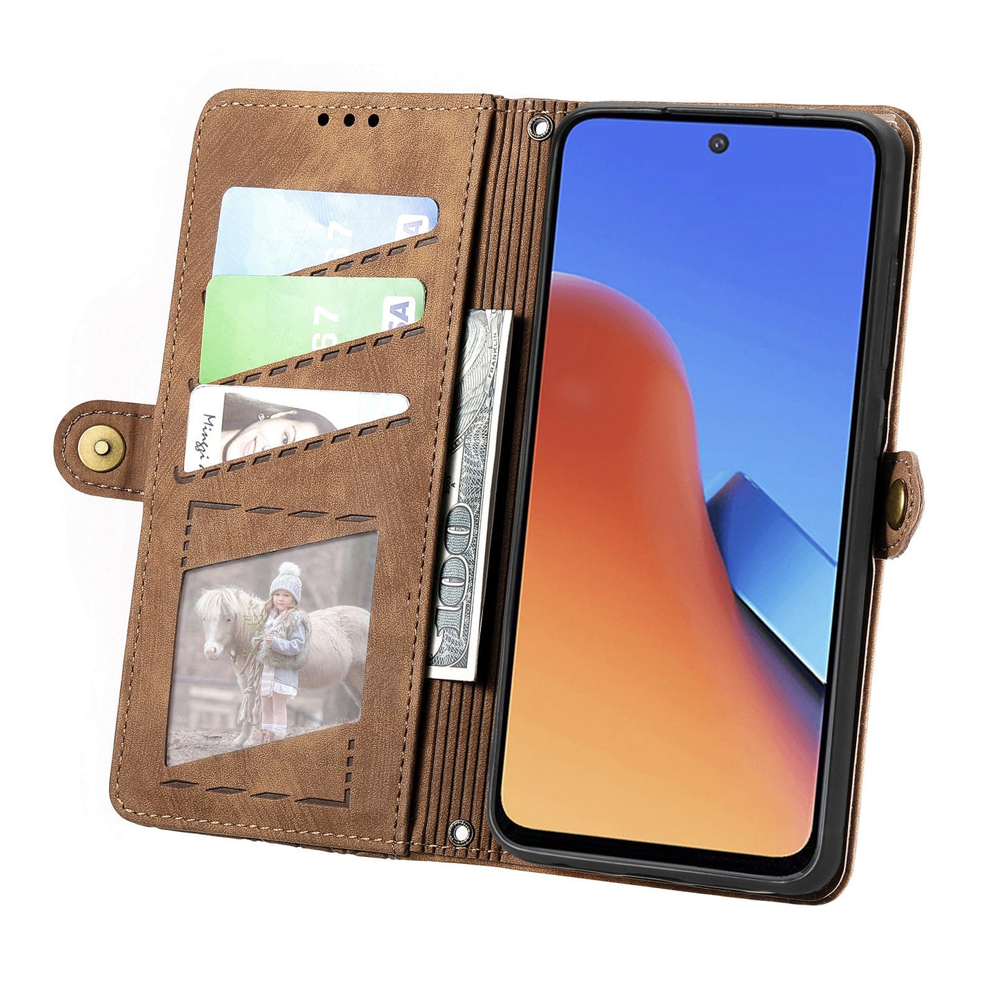 Uniqkart for Xiaomi Redmi 12 4G Zipper Pocket Wallet Stand Leather Case Geometry Imprinted Phone Cover with Strap - Brown