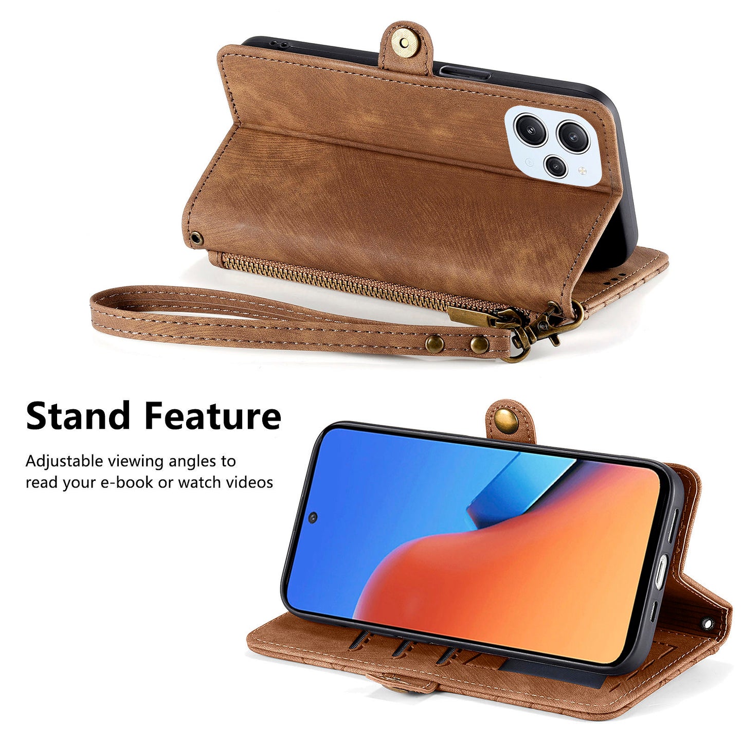 Uniqkart for Xiaomi Redmi 12 4G Zipper Pocket Wallet Stand Leather Case Geometry Imprinted Phone Cover with Strap - Brown