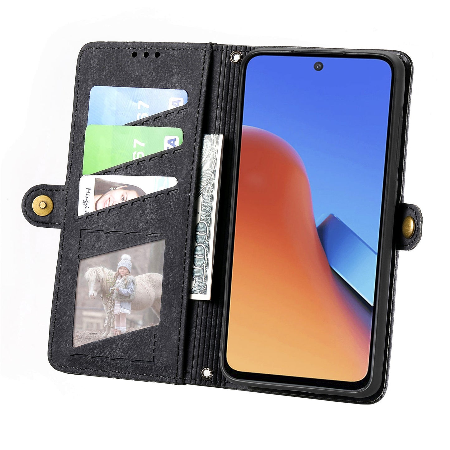 Uniqkart for Xiaomi Redmi 12 4G Zipper Pocket Wallet Stand Leather Case Geometry Imprinted Phone Cover with Strap - Black