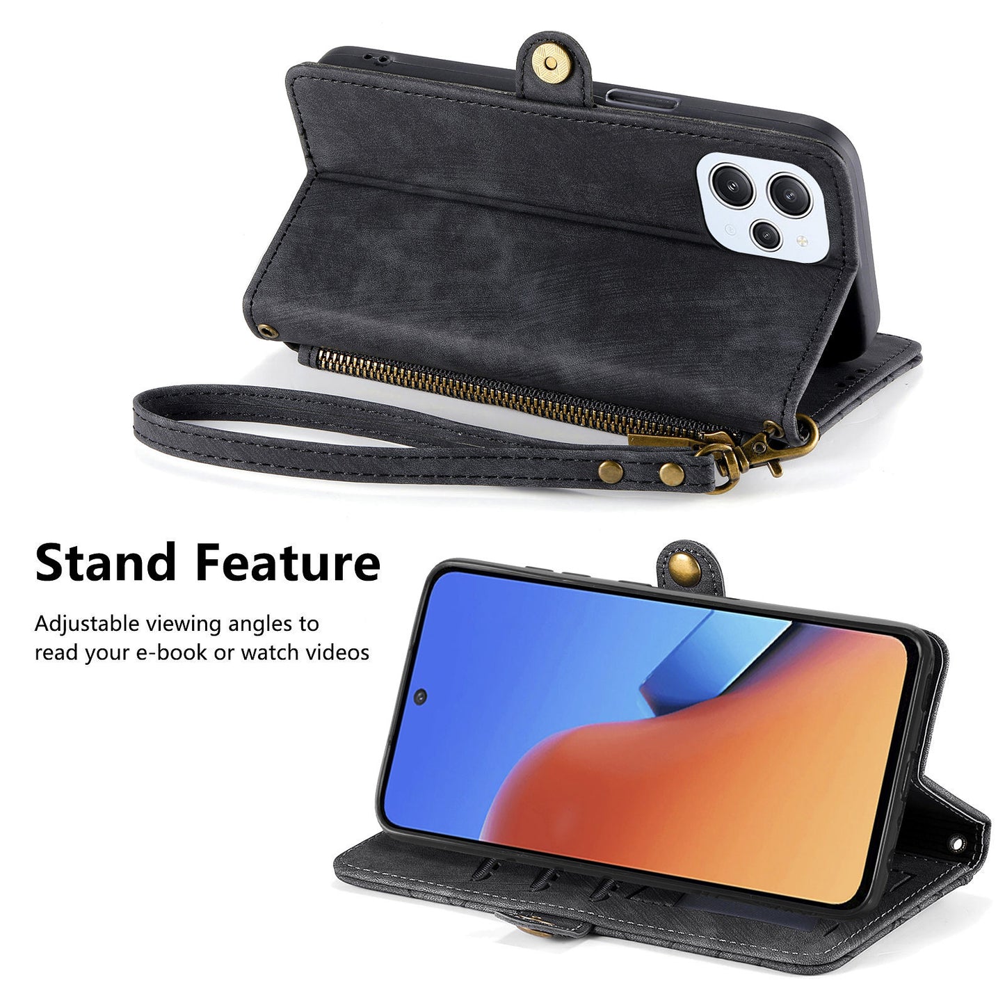 Uniqkart for Xiaomi Redmi 12 4G Zipper Pocket Wallet Stand Leather Case Geometry Imprinted Phone Cover with Strap - Black