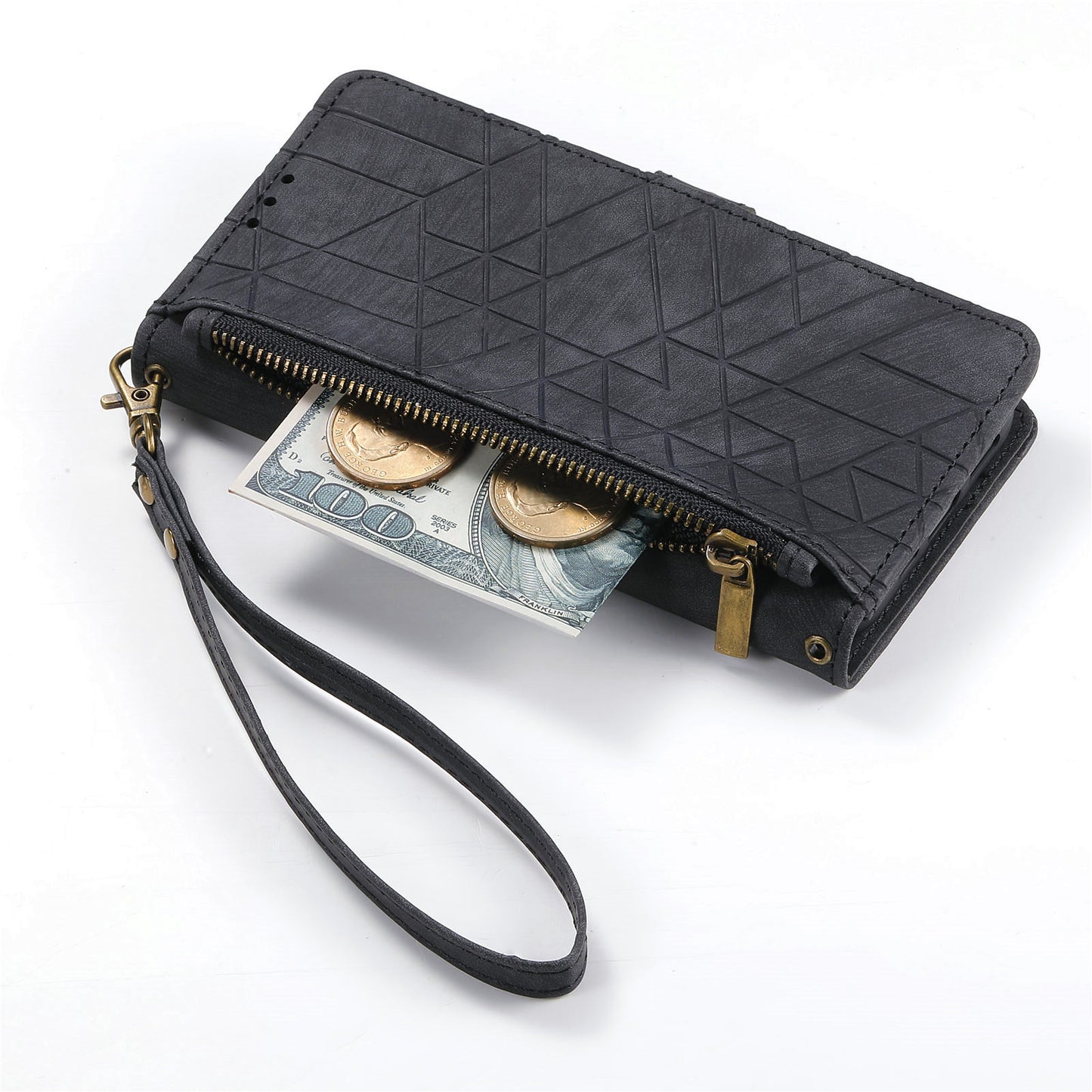 Uniqkart for Xiaomi Redmi 12 4G Zipper Pocket Wallet Stand Leather Case Geometry Imprinted Phone Cover with Strap - Black