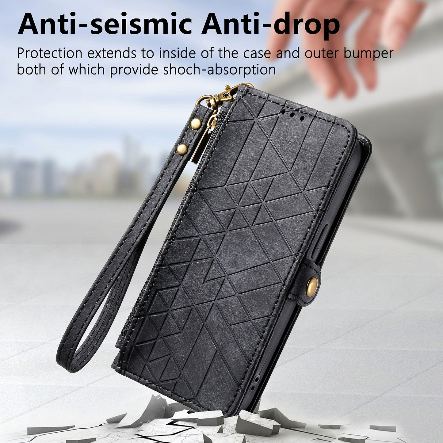 Uniqkart for Xiaomi Redmi 12 4G Zipper Pocket Wallet Stand Leather Case Geometry Imprinted Phone Cover with Strap - Black