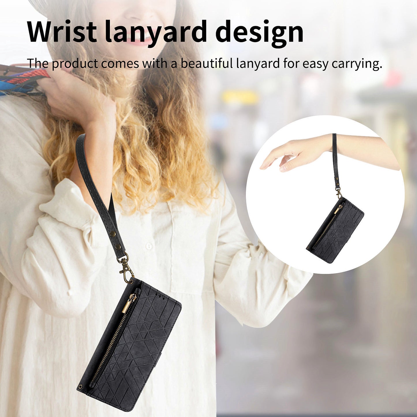 Uniqkart for Xiaomi Redmi 12 4G Zipper Pocket Wallet Stand Leather Case Geometry Imprinted Phone Cover with Strap - Black