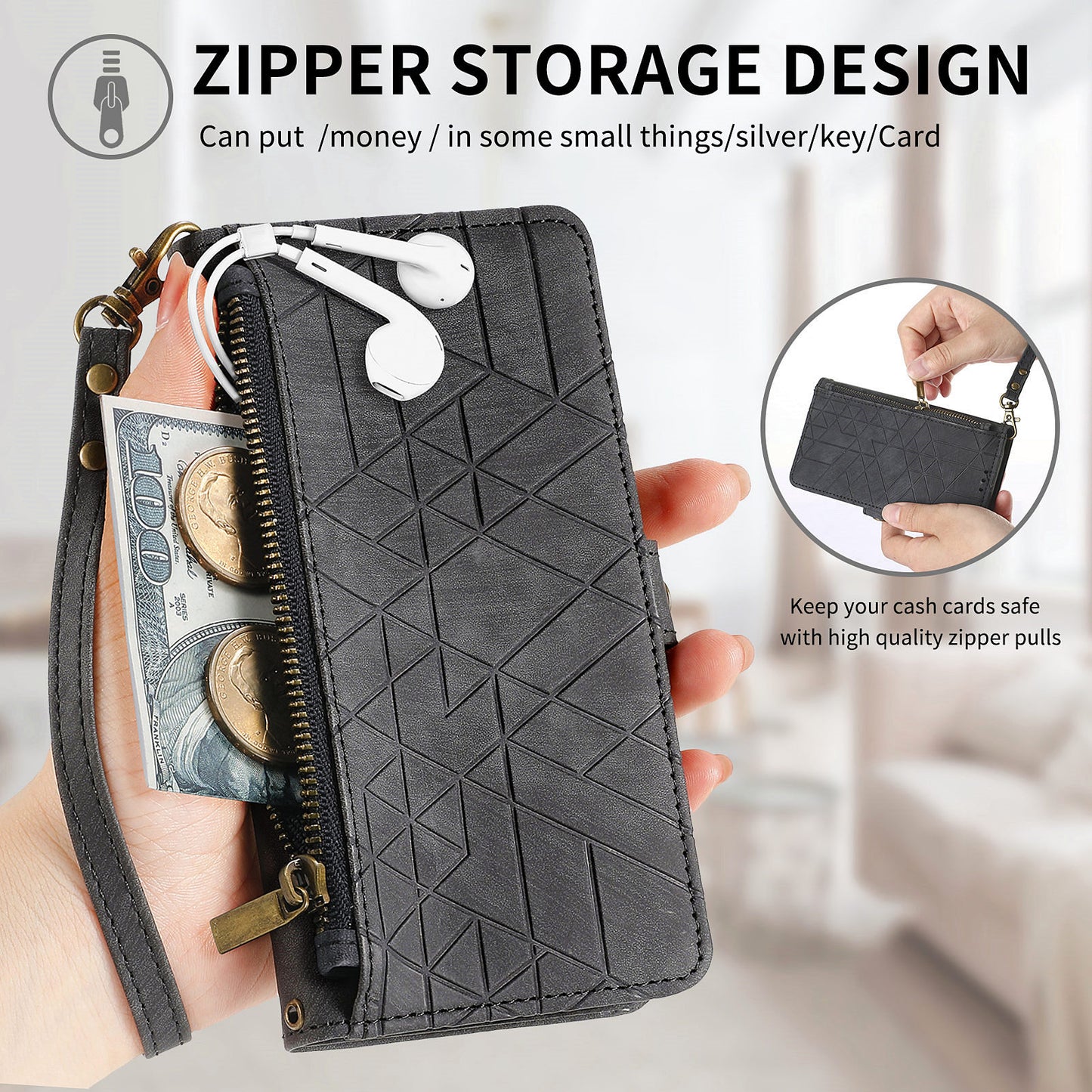 Uniqkart for Xiaomi Redmi 12 4G Zipper Pocket Wallet Stand Leather Case Geometry Imprinted Phone Cover with Strap - Black