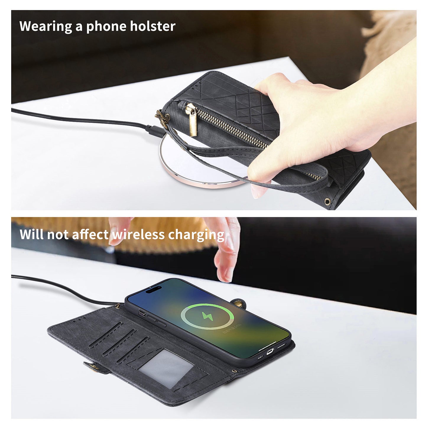 Uniqkart for Xiaomi Redmi 12 4G Zipper Pocket Wallet Stand Leather Case Geometry Imprinted Phone Cover with Strap - Black