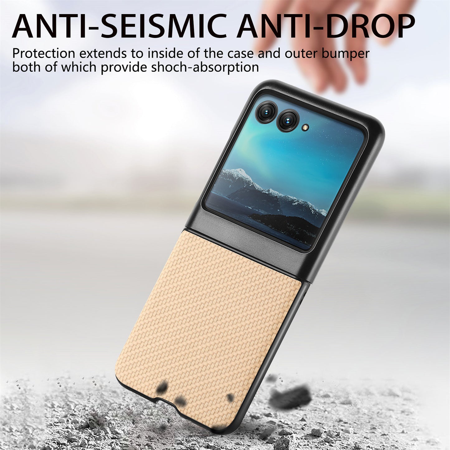 Uniqkart for Motorola Razr 40 Ultra 5G Carbon Fiber Texture Leather Coated PC Cover Anti-drop Phone Case - Khaki