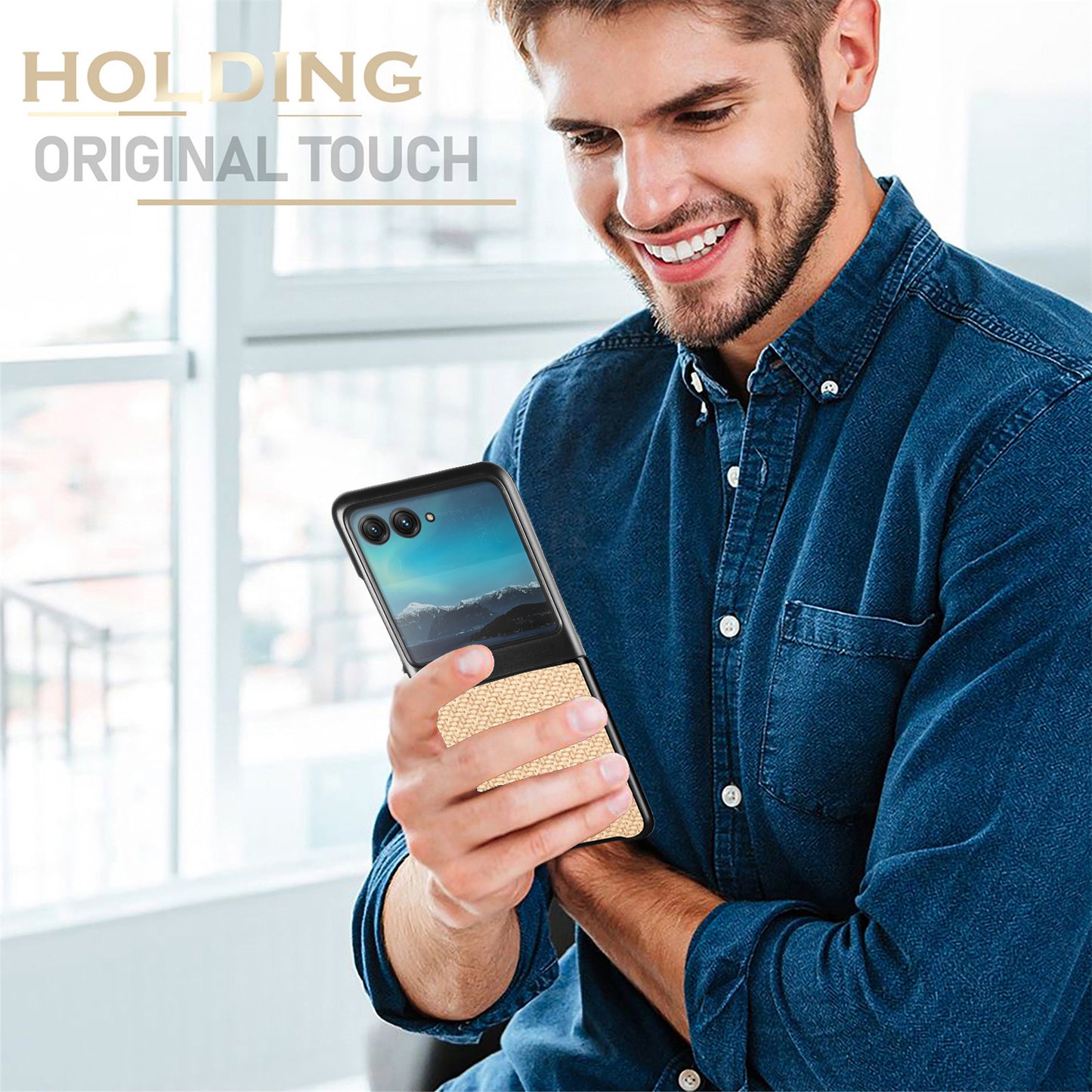 Uniqkart for Motorola Razr 40 Ultra 5G Carbon Fiber Texture Leather Coated PC Cover Anti-drop Phone Case - Khaki