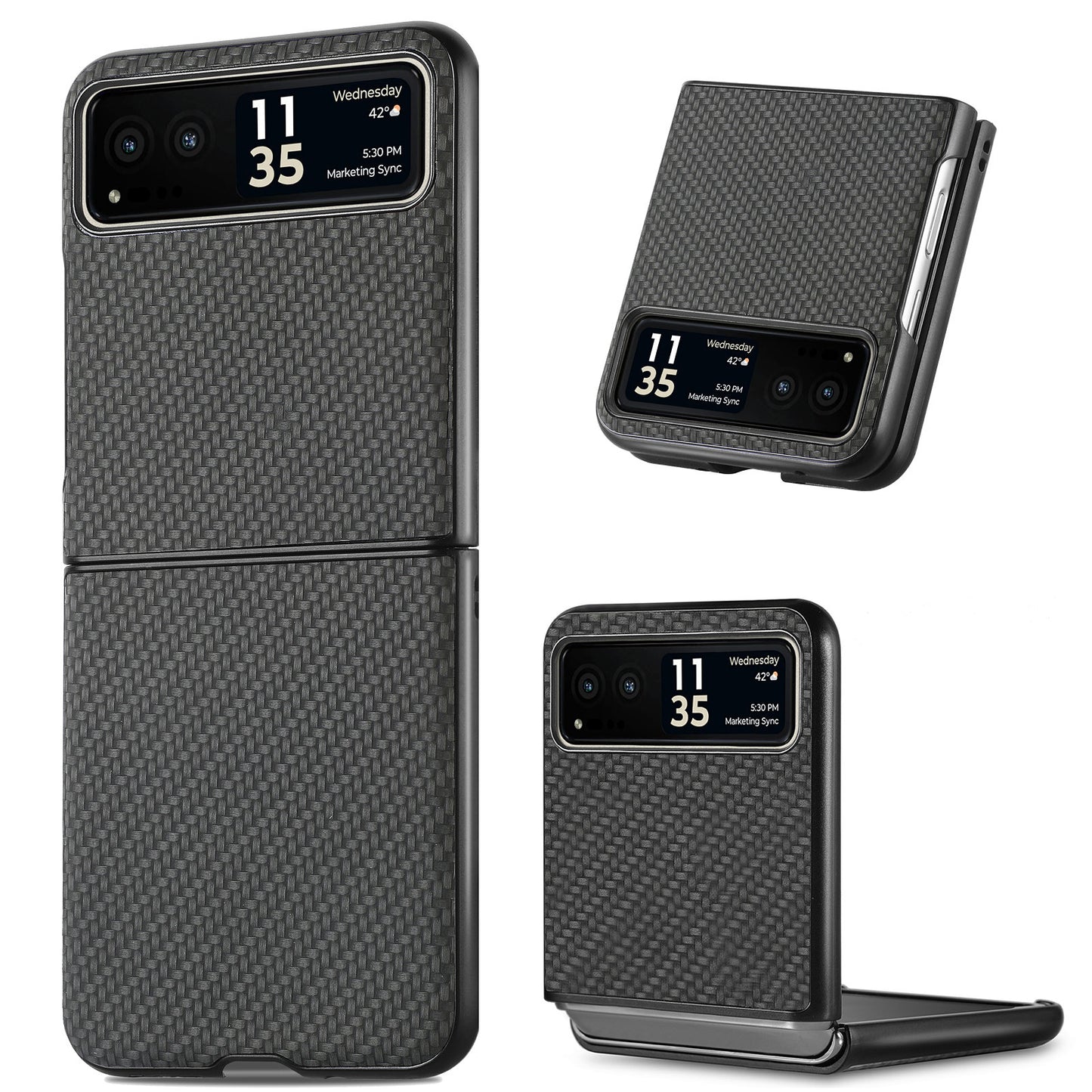 Uniqkart for Motorola Razr 40 5G Phone Case Carbon Fiber Texture PU Leather+PC Phone Cover - Black