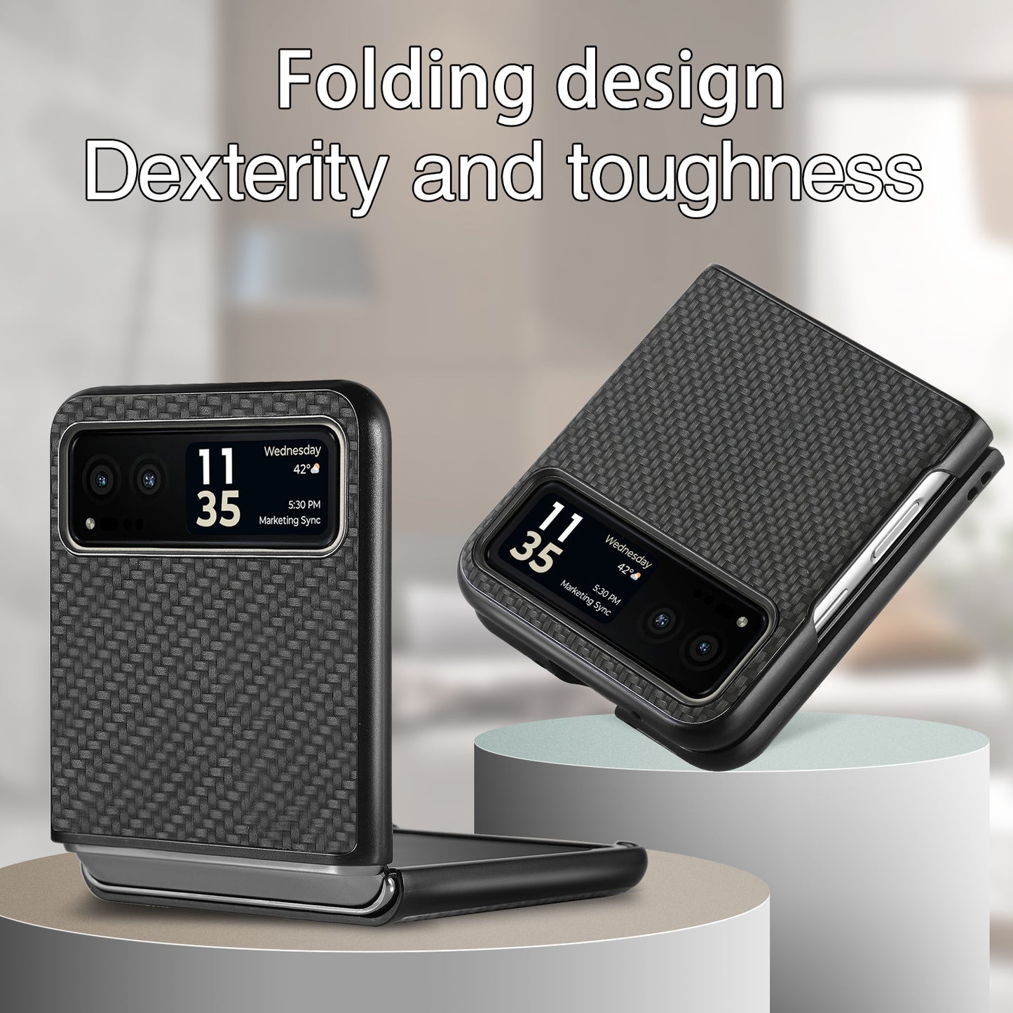 Uniqkart for Motorola Razr 40 5G Phone Case Carbon Fiber Texture PU Leather+PC Phone Cover - Black