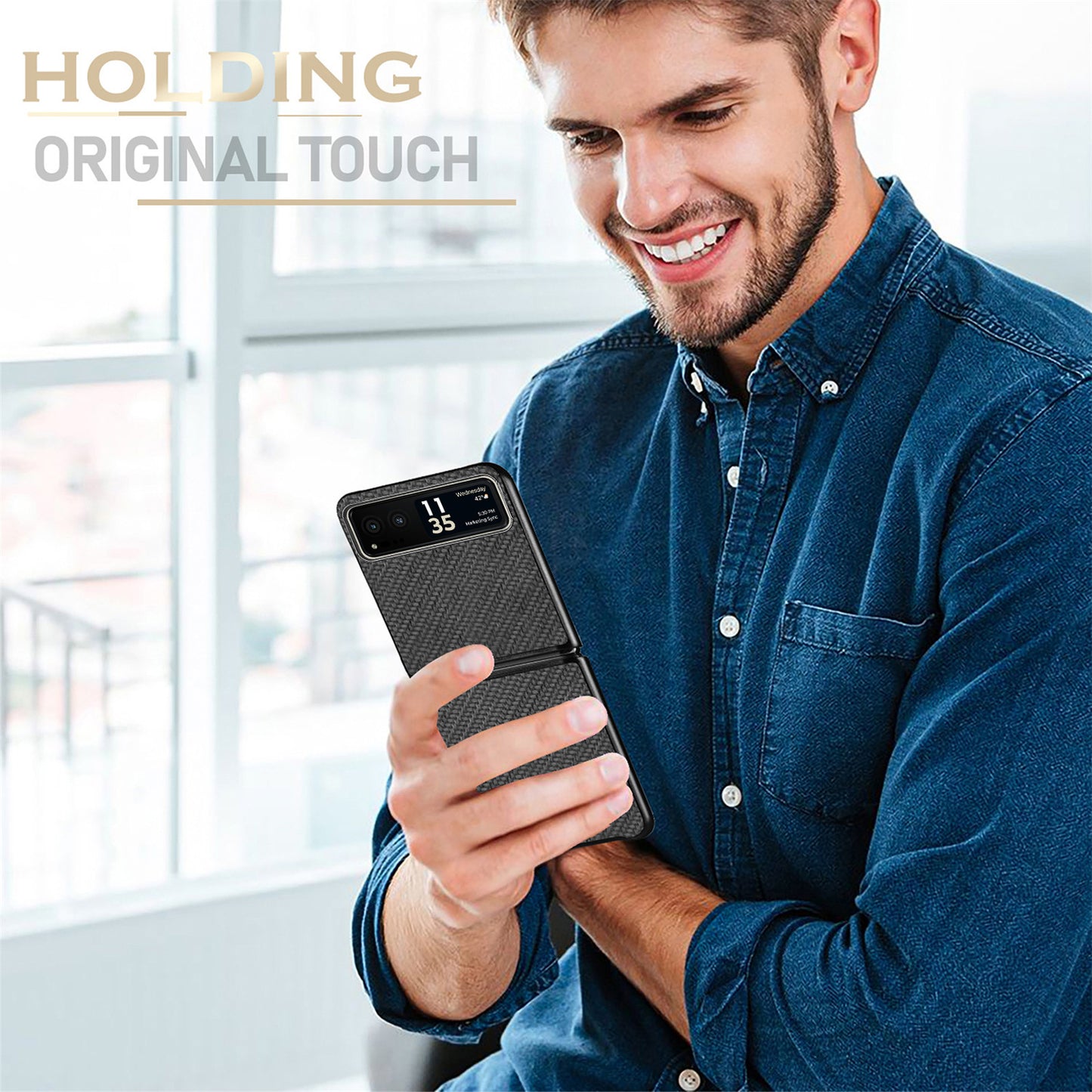 Uniqkart for Motorola Razr 40 5G Phone Case Carbon Fiber Texture PU Leather+PC Phone Cover - Black