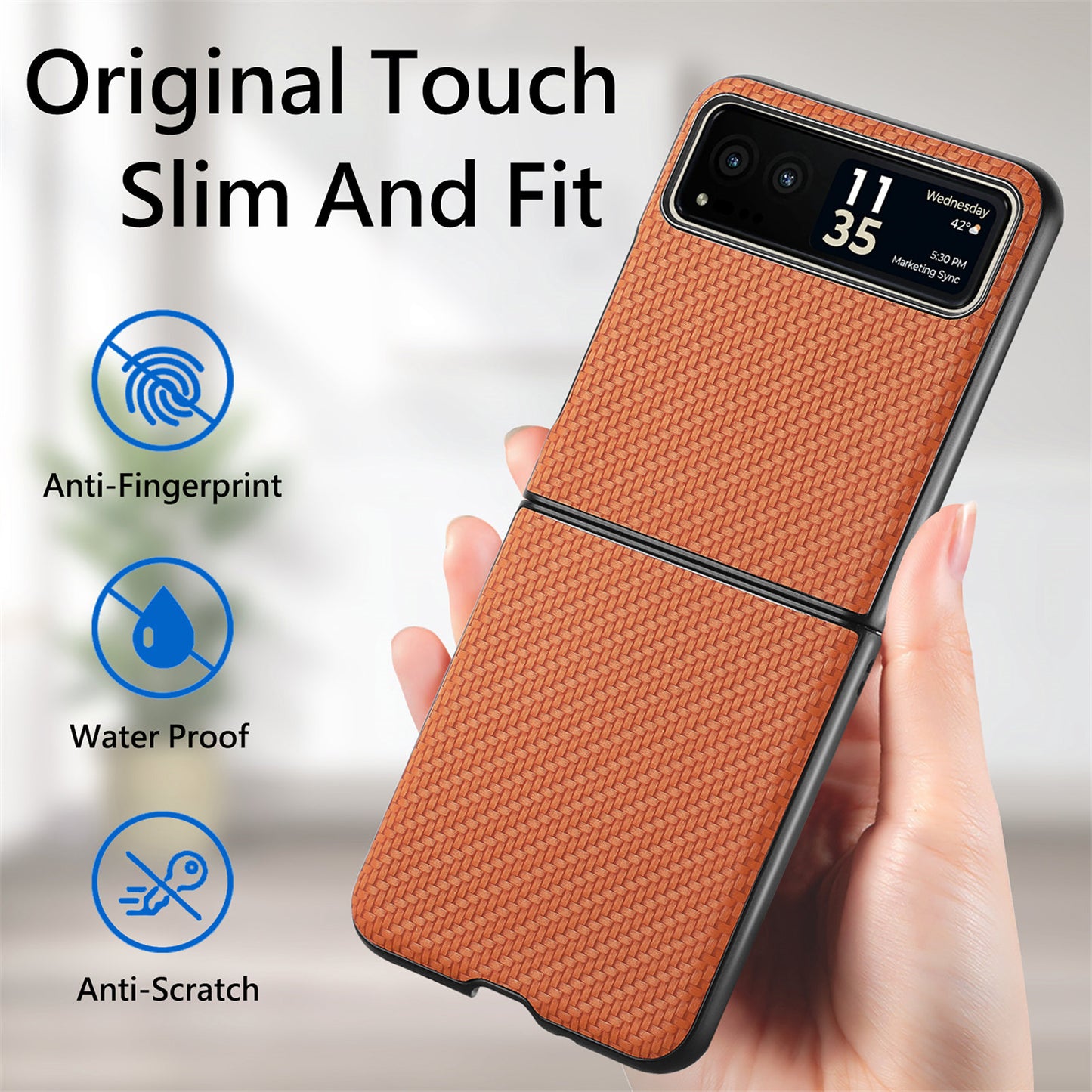 Uniqkart for Motorola Razr 40 5G Phone Case Carbon Fiber Texture PU Leather+PC Phone Cover - Brown
