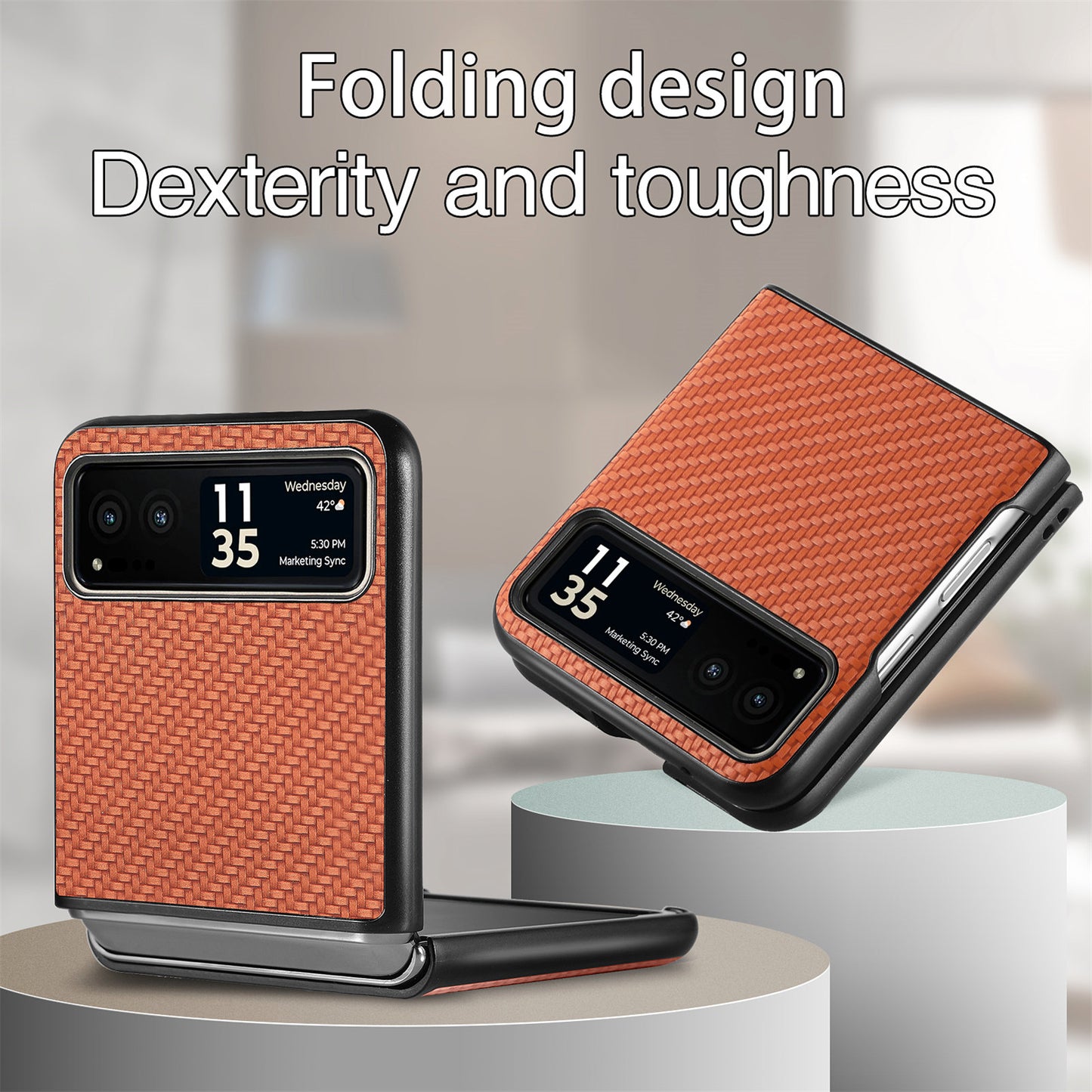 Uniqkart for Motorola Razr 40 5G Phone Case Carbon Fiber Texture PU Leather+PC Phone Cover - Brown