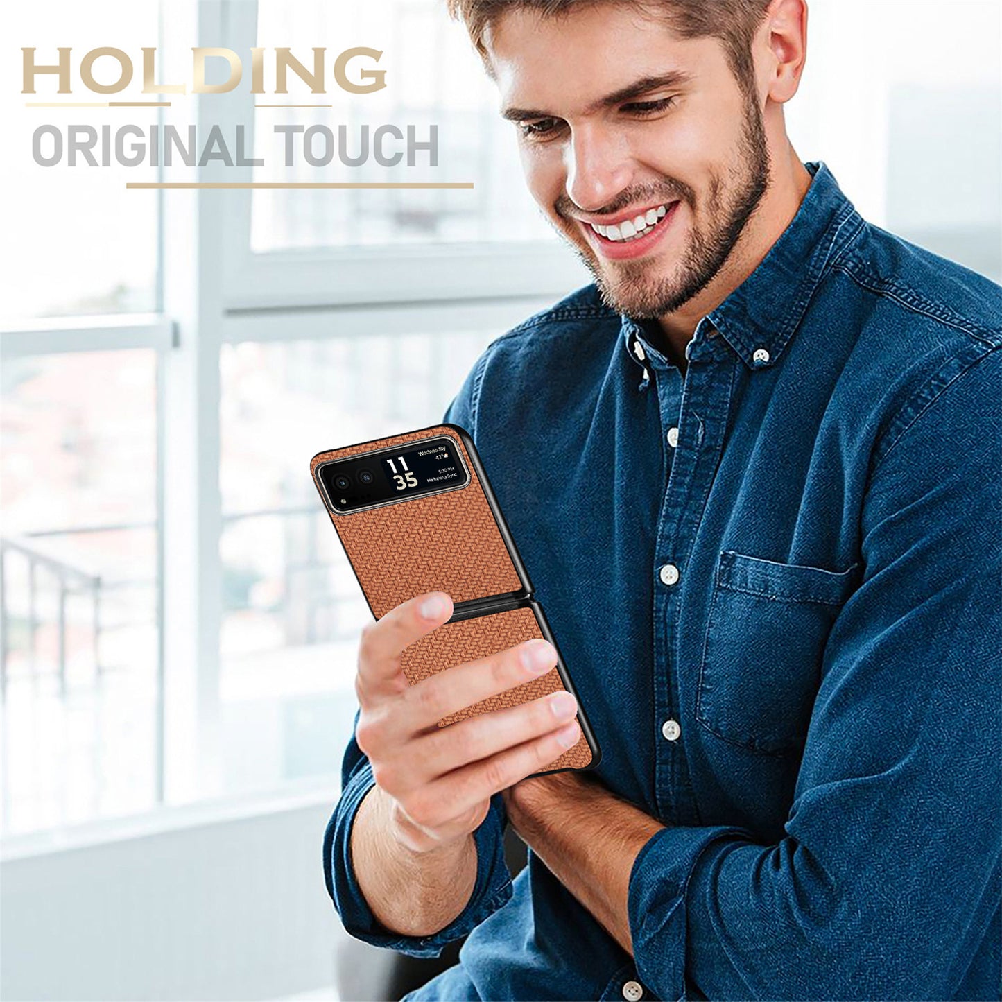 Uniqkart for Motorola Razr 40 5G Phone Case Carbon Fiber Texture PU Leather+PC Phone Cover - Brown