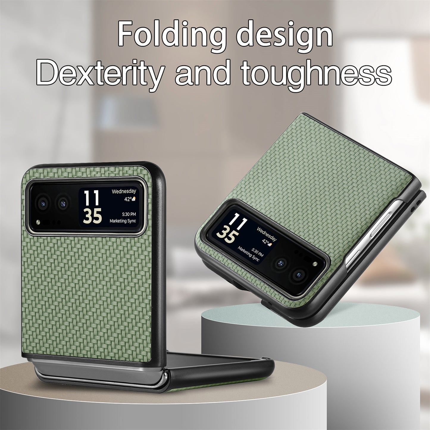 Uniqkart for Motorola Razr 40 5G Phone Case Carbon Fiber Texture PU Leather+PC Phone Cover - Green