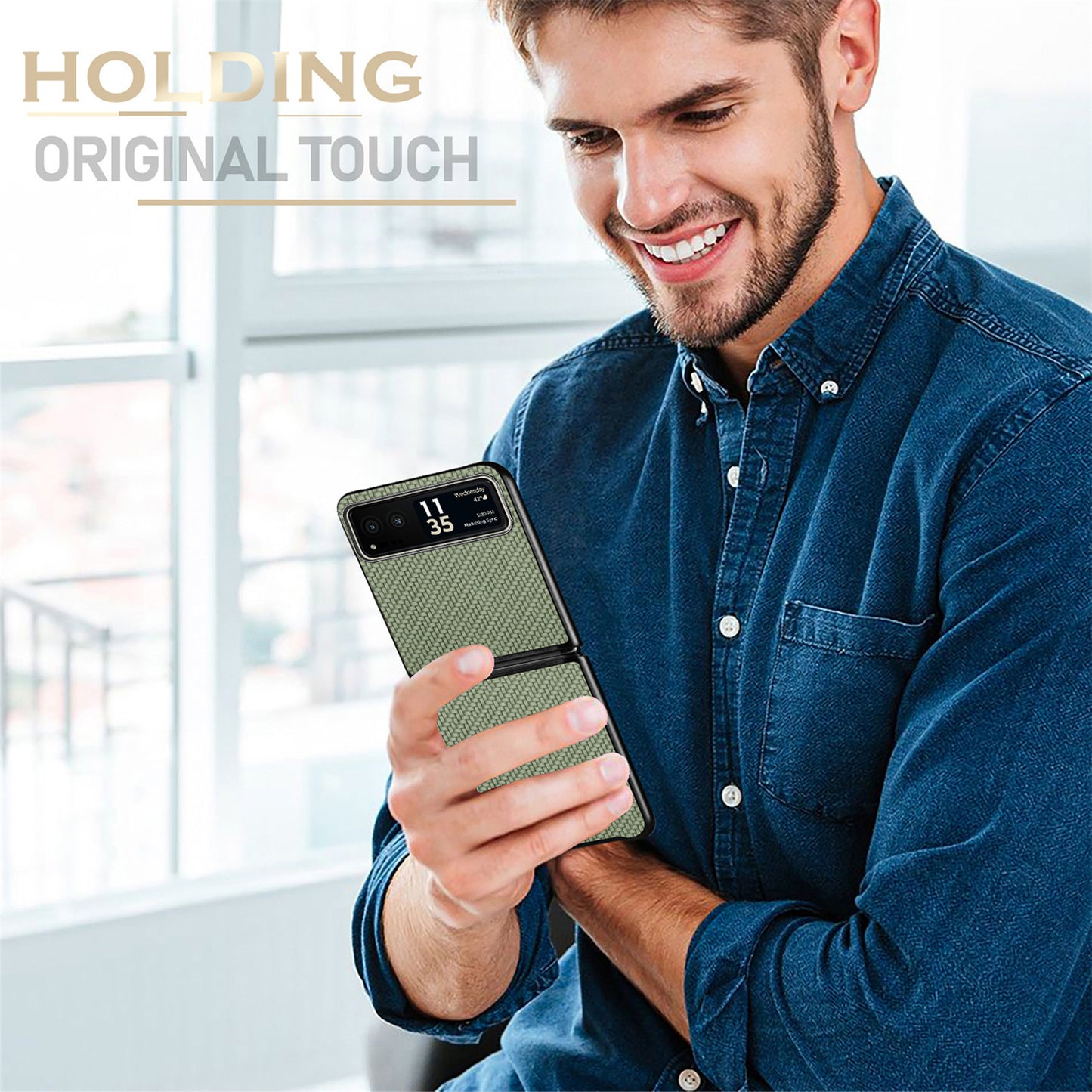 Uniqkart for Motorola Razr 40 5G Phone Case Carbon Fiber Texture PU Leather+PC Phone Cover - Green