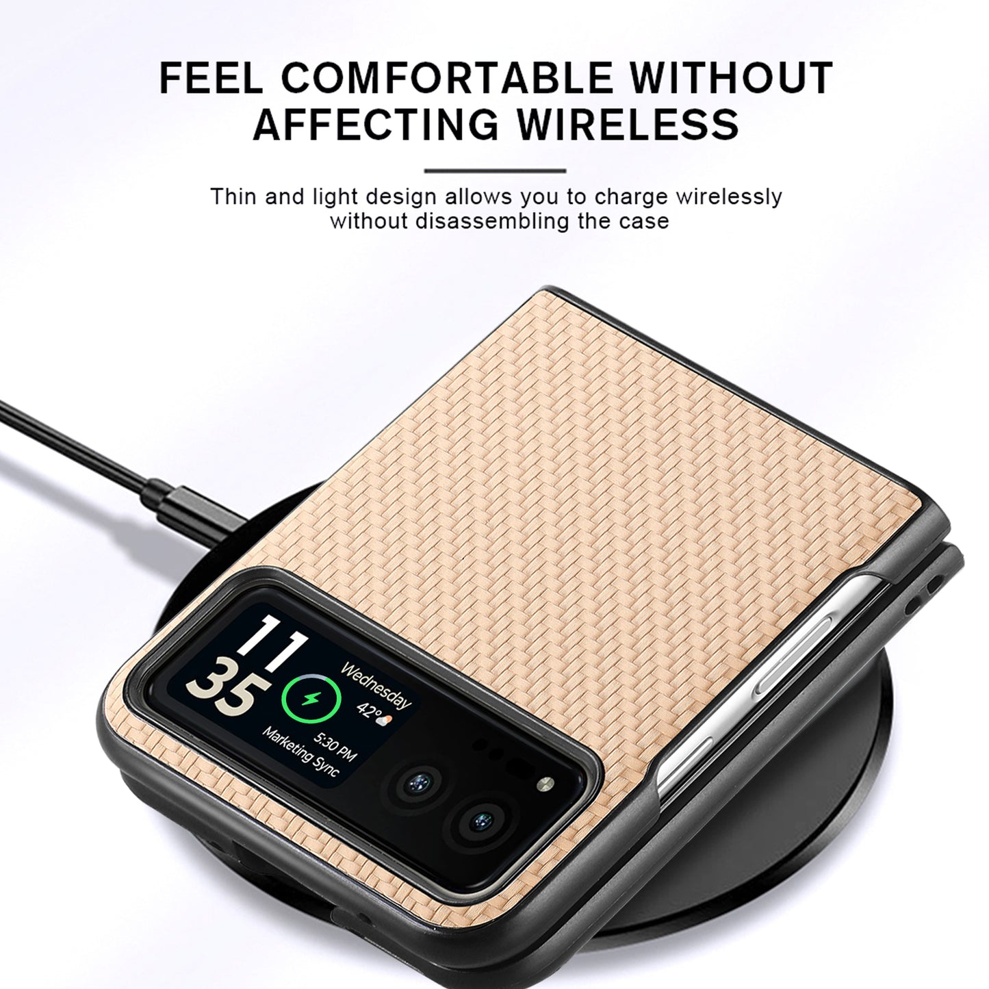 Uniqkart for Motorola Razr 40 5G Phone Case Carbon Fiber Texture PU Leather+PC Phone Cover - Khaki