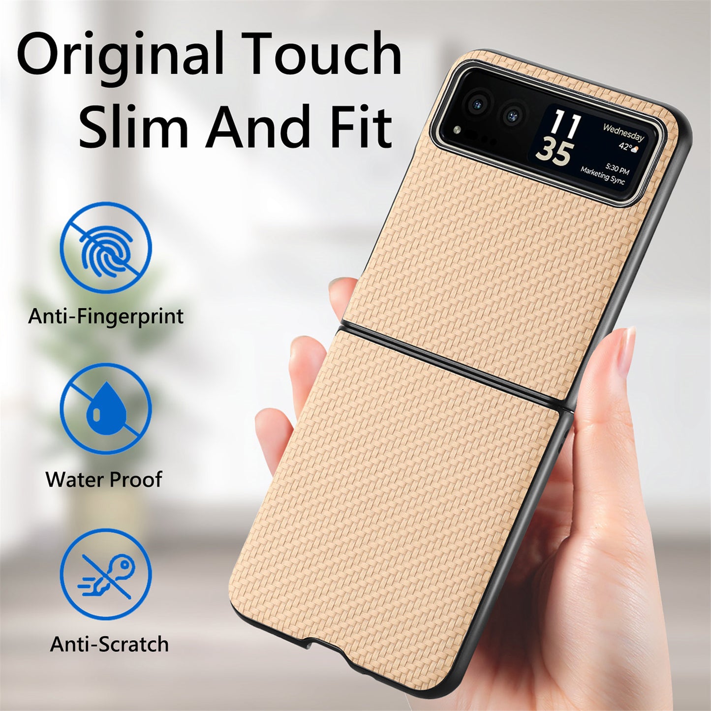 Uniqkart for Motorola Razr 40 5G Phone Case Carbon Fiber Texture PU Leather+PC Phone Cover - Khaki