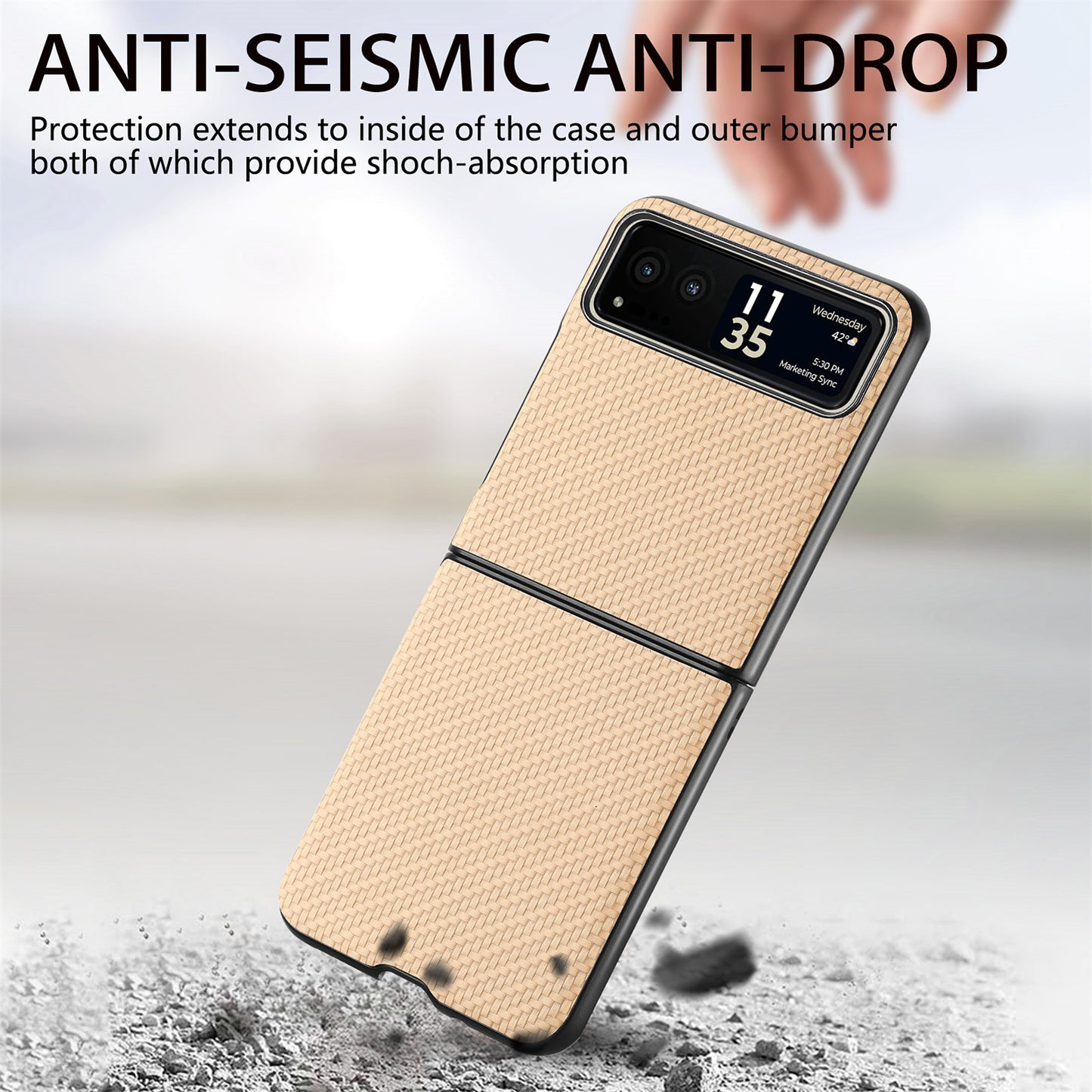 Uniqkart for Motorola Razr 40 5G Phone Case Carbon Fiber Texture PU Leather+PC Phone Cover - Khaki