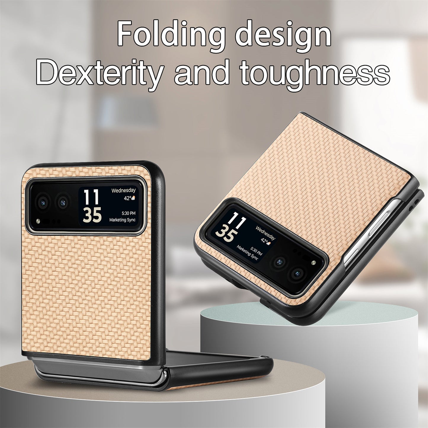 Uniqkart for Motorola Razr 40 5G Phone Case Carbon Fiber Texture PU Leather+PC Phone Cover - Khaki