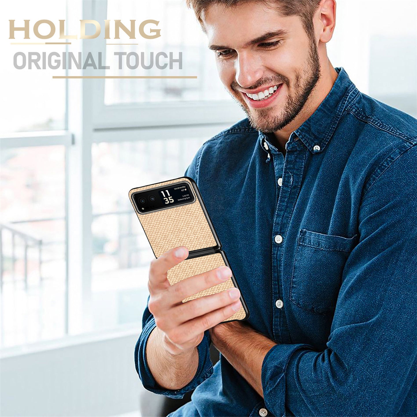 Uniqkart for Motorola Razr 40 5G Phone Case Carbon Fiber Texture PU Leather+PC Phone Cover - Khaki