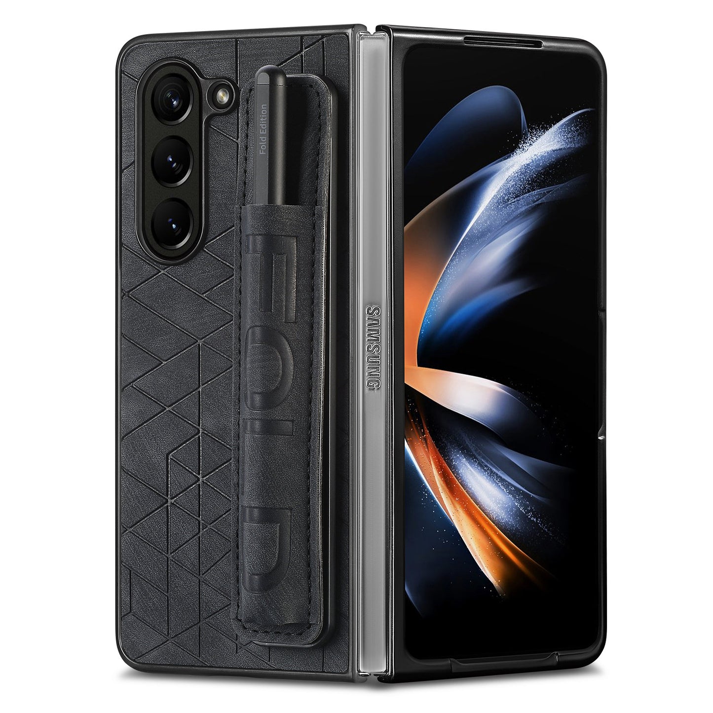 Uniqkart for Samsung Galaxy Z Fold5 5G Phone Case PU Leather+PC Phone Cover with Hand Strap, Pencil Slot - Black