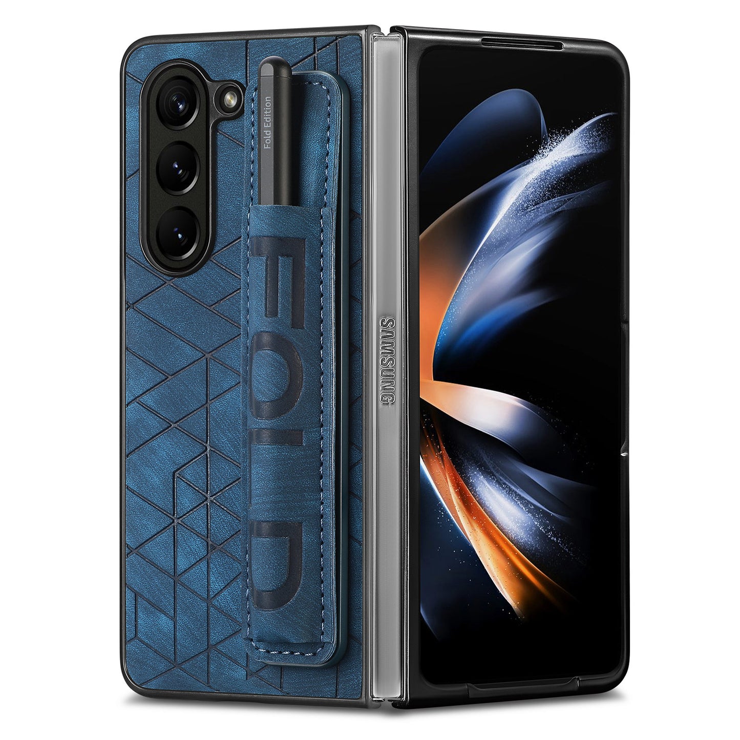Uniqkart for Samsung Galaxy Z Fold5 5G Phone Case PU Leather+PC Phone Cover with Hand Strap, Pencil Slot - Blue