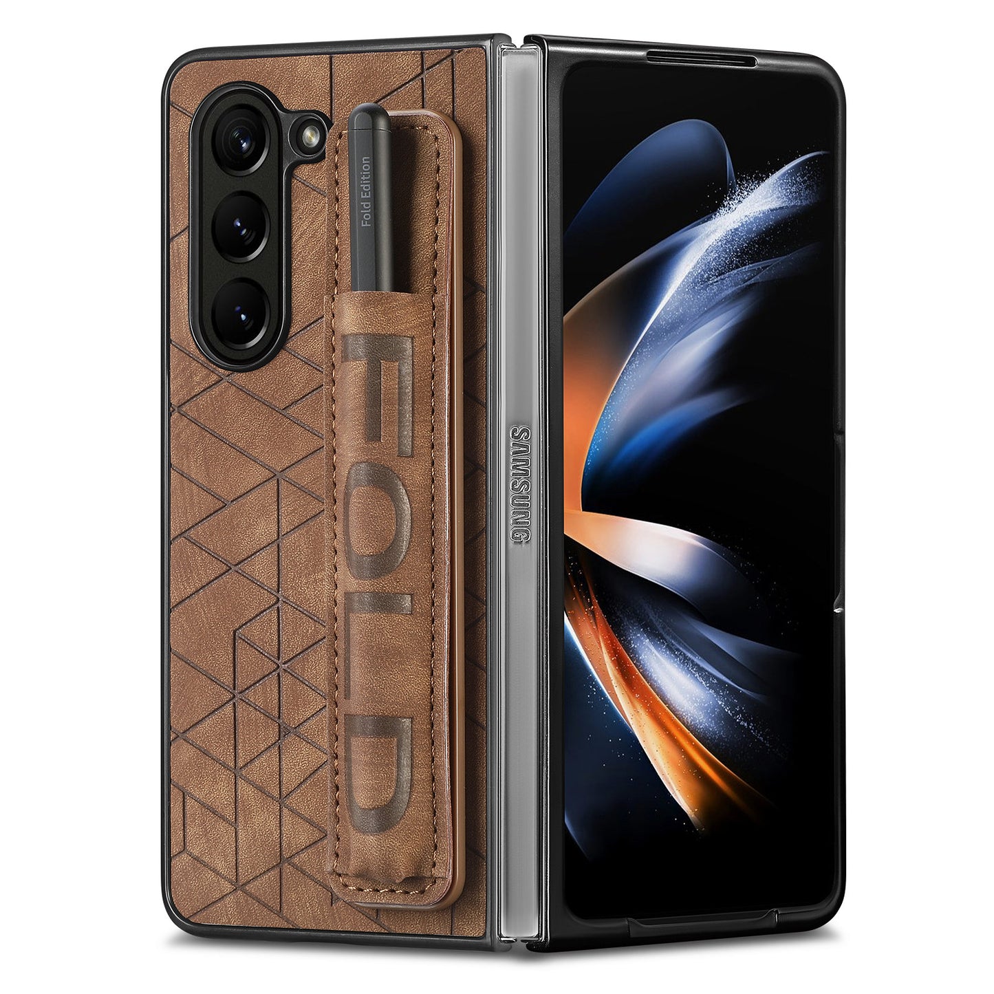 Uniqkart for Samsung Galaxy Z Fold5 5G Phone Case PU Leather+PC Phone Cover with Hand Strap, Pencil Slot - Brown