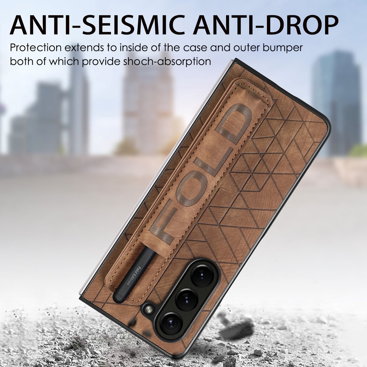 Uniqkart for Samsung Galaxy Z Fold5 5G Phone Case PU Leather+PC Phone Cover with Hand Strap, Pencil Slot - Brown