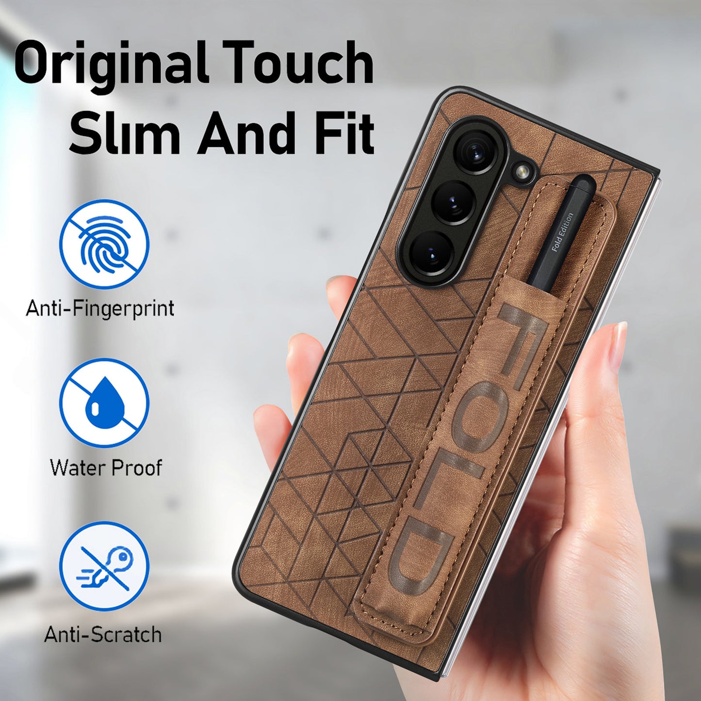 Uniqkart for Samsung Galaxy Z Fold5 5G Phone Case PU Leather+PC Phone Cover with Hand Strap, Pencil Slot - Brown