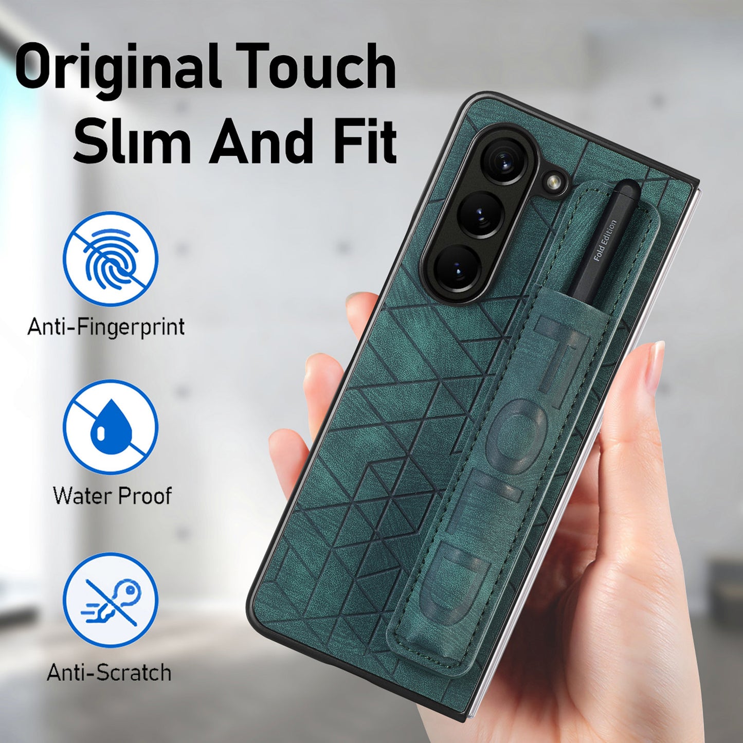 Uniqkart for Samsung Galaxy Z Fold5 5G Phone Case PU Leather+PC Phone Cover with Hand Strap, Pencil Slot - Green