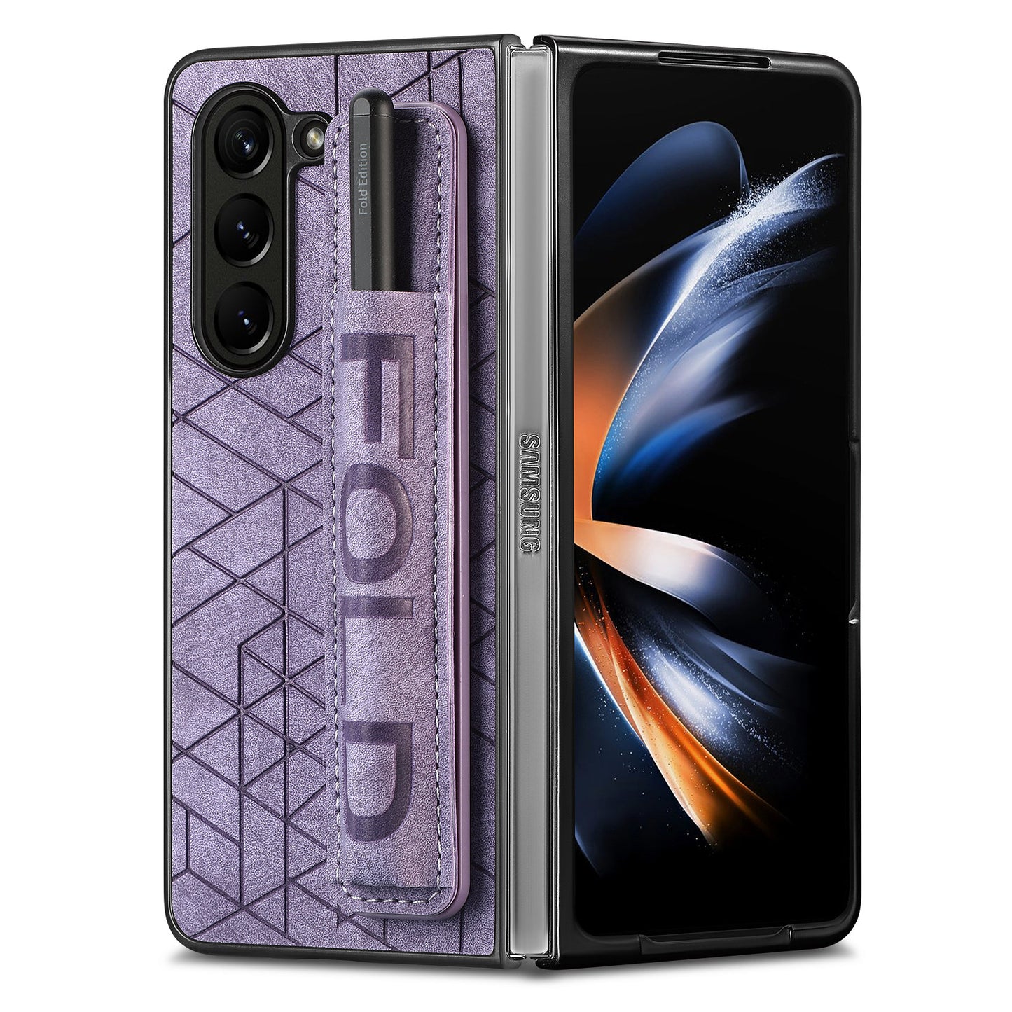 Uniqkart for Samsung Galaxy Z Fold5 5G Phone Case PU Leather+PC Phone Cover with Hand Strap, Pencil Slot - Purple