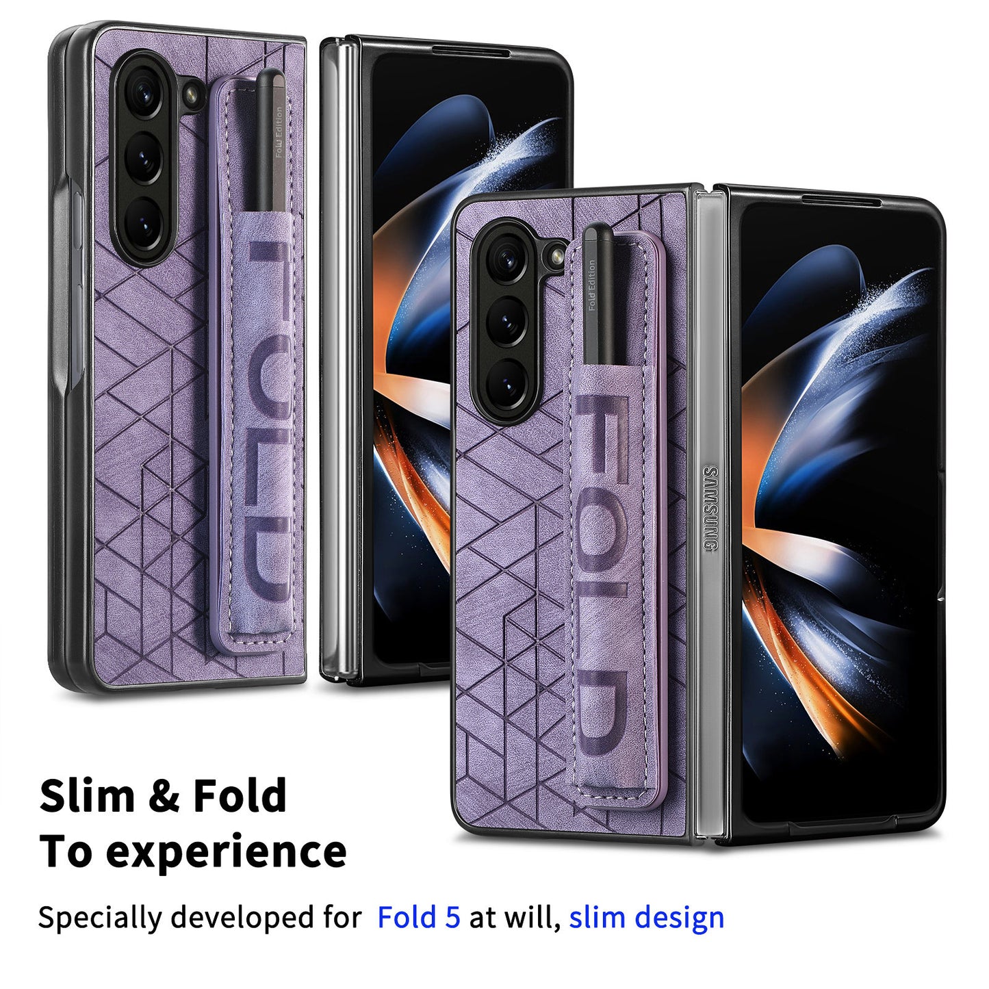 Uniqkart for Samsung Galaxy Z Fold5 5G Phone Case PU Leather+PC Phone Cover with Hand Strap, Pencil Slot - Purple