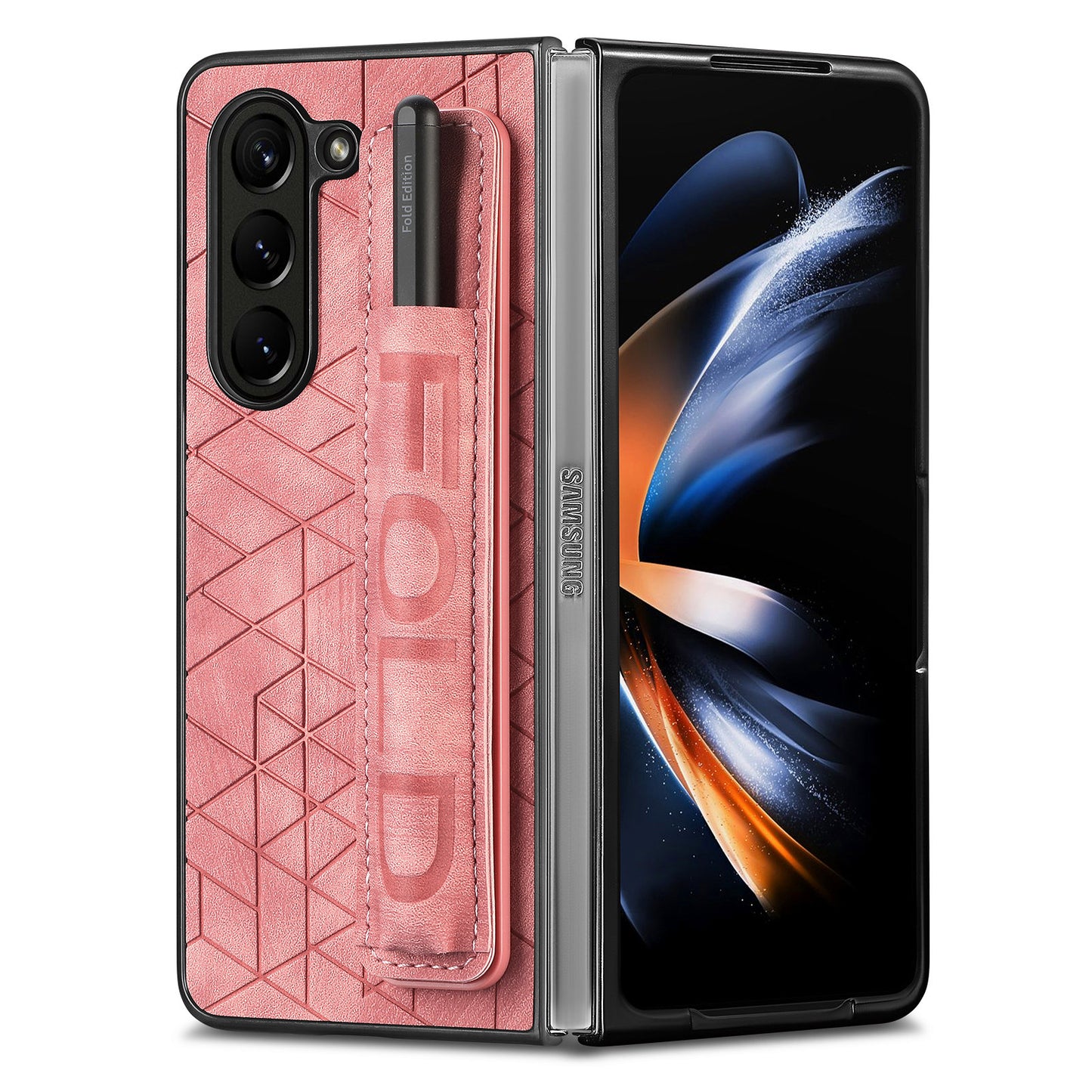 Uniqkart for Samsung Galaxy Z Fold5 5G Phone Case PU Leather+PC Phone Cover with Hand Strap, Pencil Slot - Pink