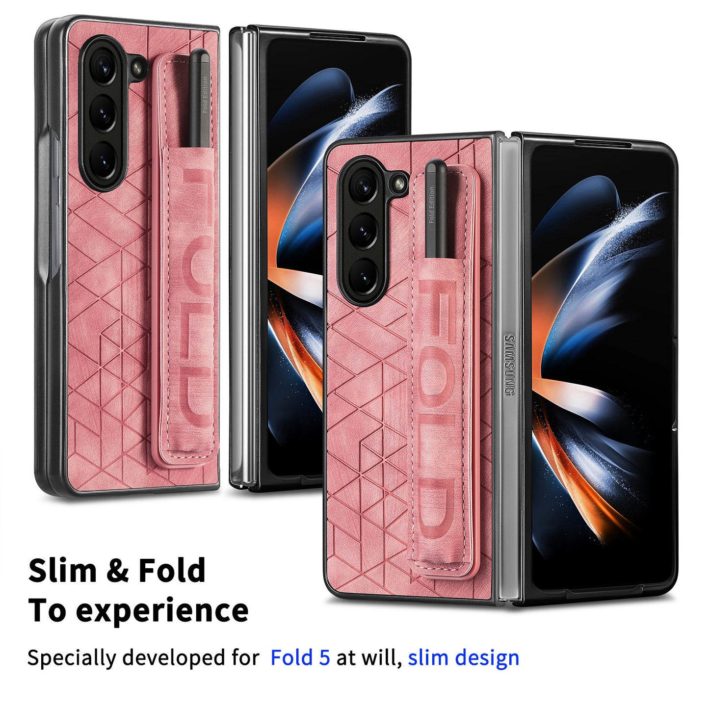 Uniqkart for Samsung Galaxy Z Fold5 5G Phone Case PU Leather+PC Phone Cover with Hand Strap, Pencil Slot - Pink