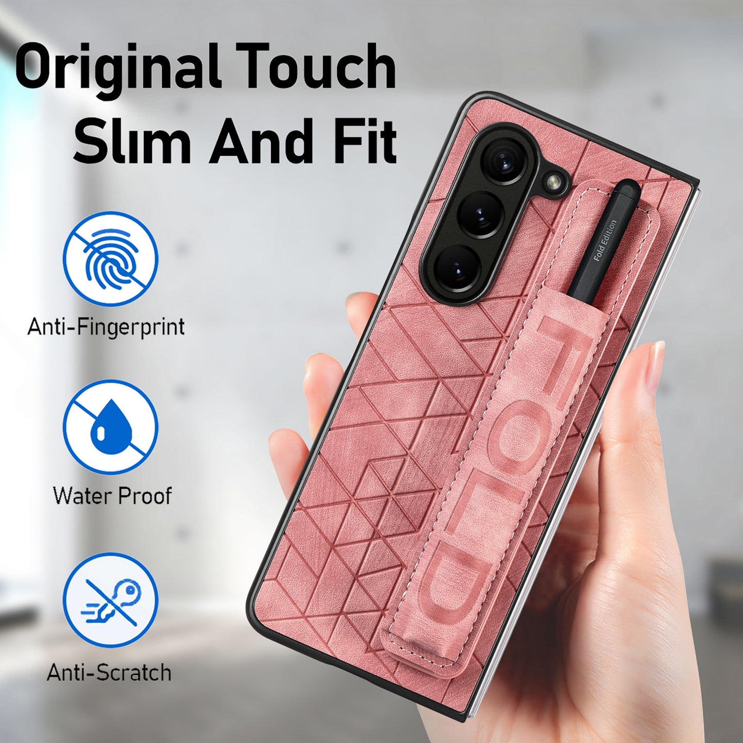 Uniqkart for Samsung Galaxy Z Fold5 5G Phone Case PU Leather+PC Phone Cover with Hand Strap, Pencil Slot - Pink