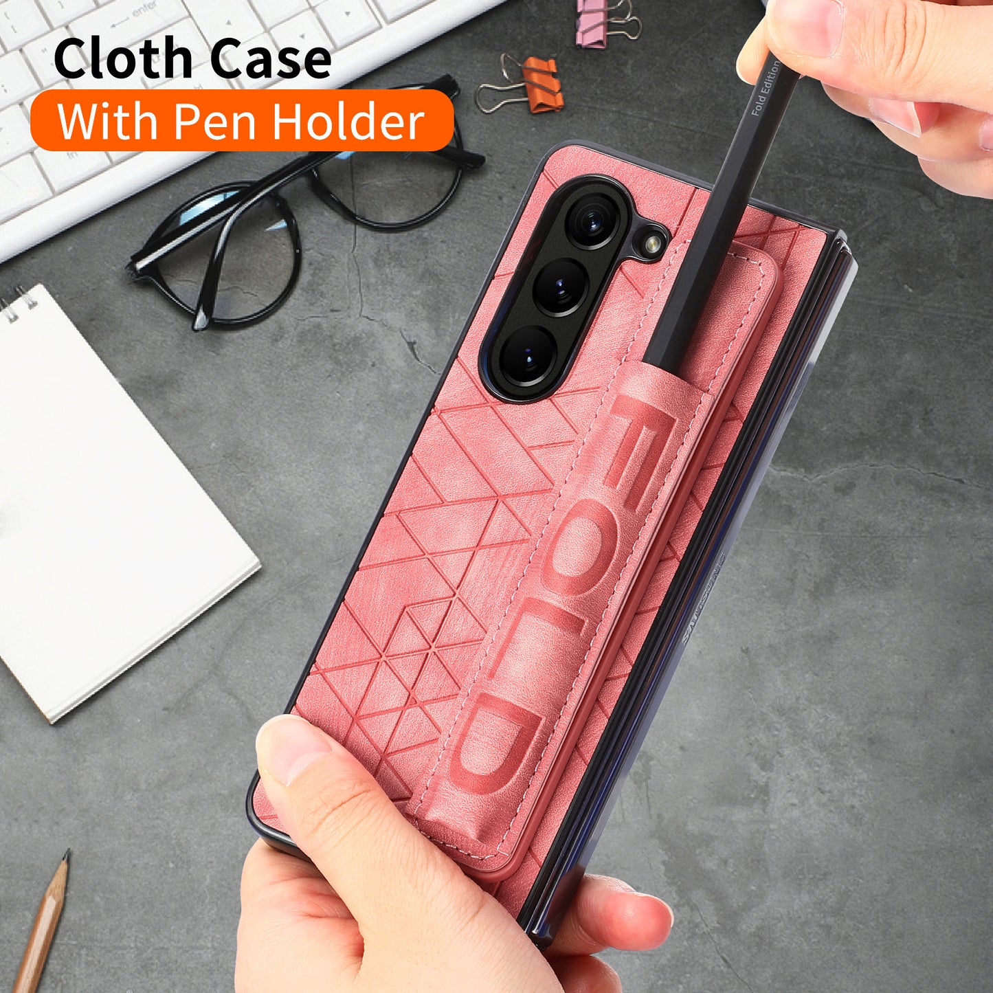 Uniqkart for Samsung Galaxy Z Fold5 5G Phone Case PU Leather+PC Phone Cover with Hand Strap, Pencil Slot - Pink