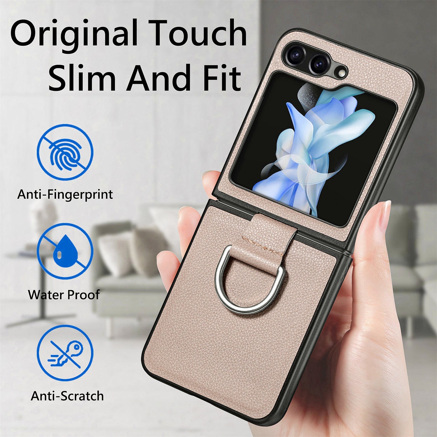 Uniqkart for Samsung Galaxy Z Flip5 5G Kickstand Phone Case Litchi Texture Leather+Hard PC Protective Cover - Grey