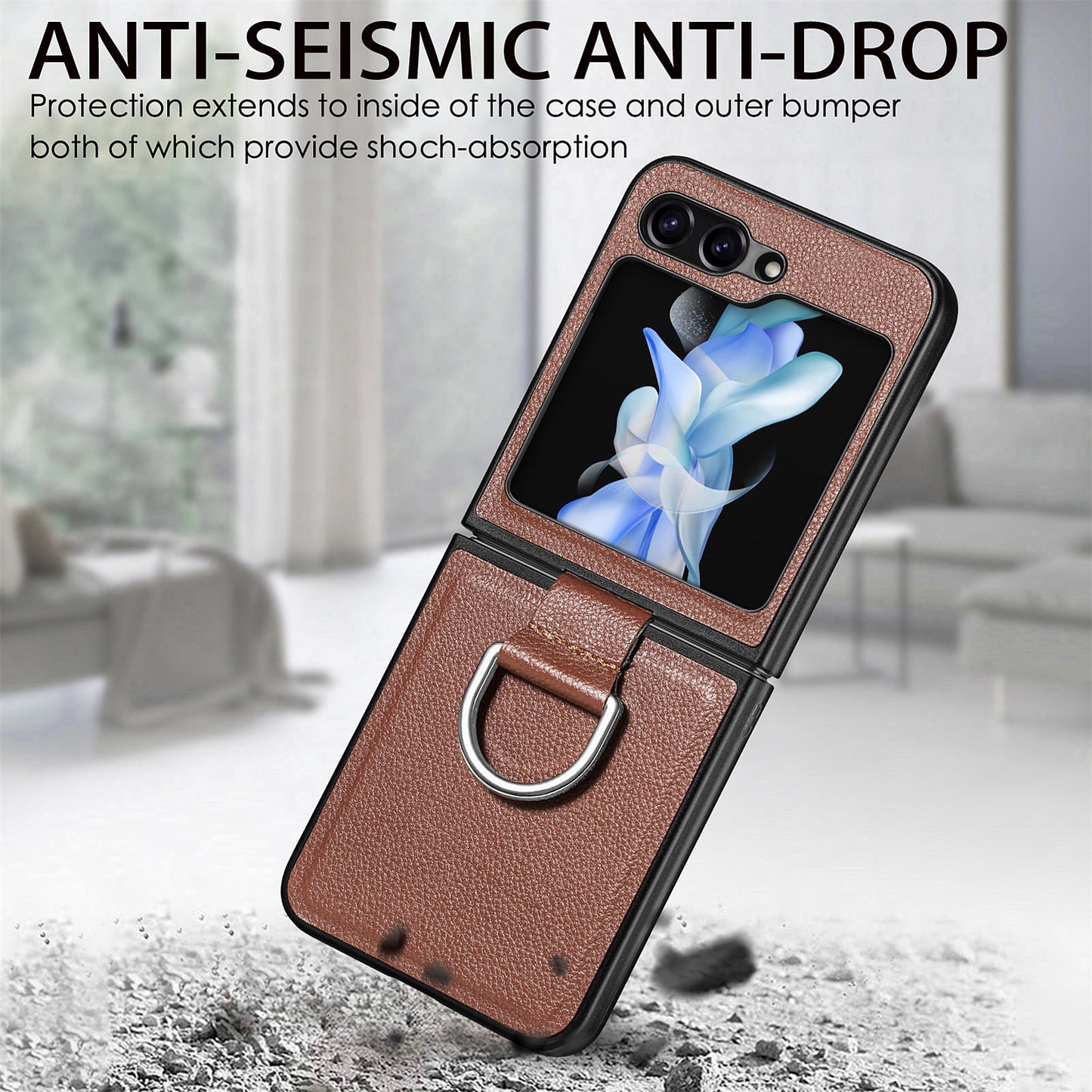 Uniqkart for Samsung Galaxy Z Flip5 5G Kickstand Phone Case Litchi Texture Leather+Hard PC Protective Cover - Brown