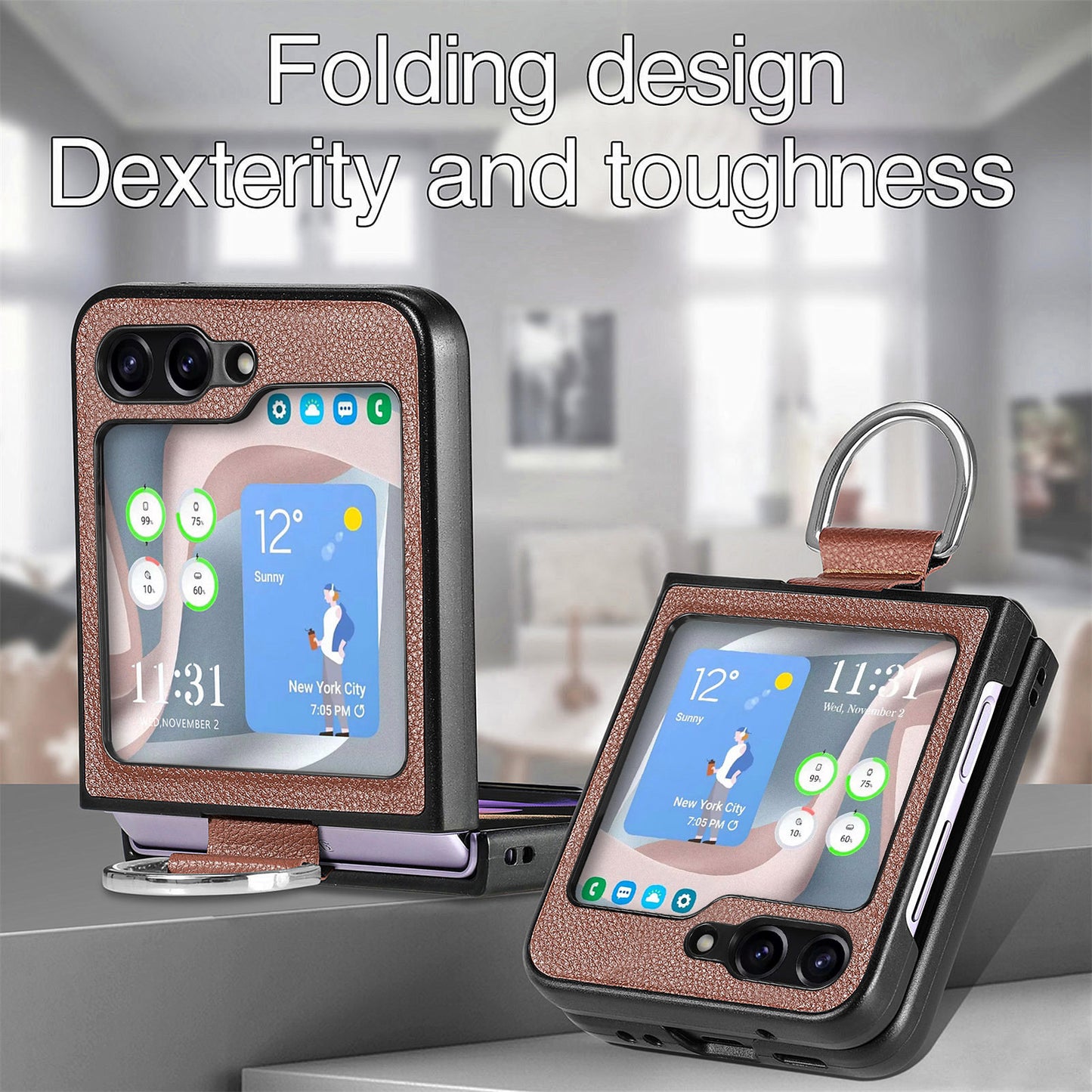 Uniqkart for Samsung Galaxy Z Flip5 5G Kickstand Phone Case Litchi Texture Leather+Hard PC Protective Cover - Brown
