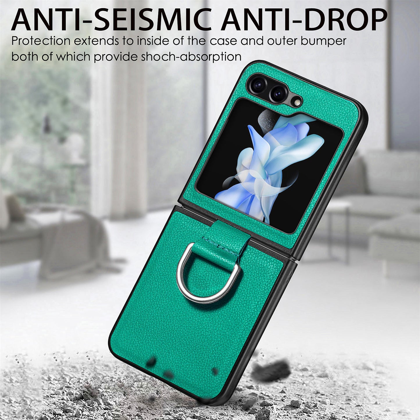 Uniqkart for Samsung Galaxy Z Flip5 5G Kickstand Phone Case Litchi Texture Leather+Hard PC Protective Cover - Green