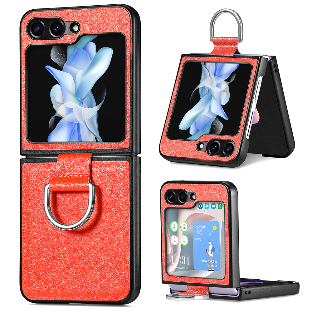 Uniqkart for Samsung Galaxy Z Flip5 5G Kickstand Phone Case Litchi Texture Leather+Hard PC Protective Cover - Orange