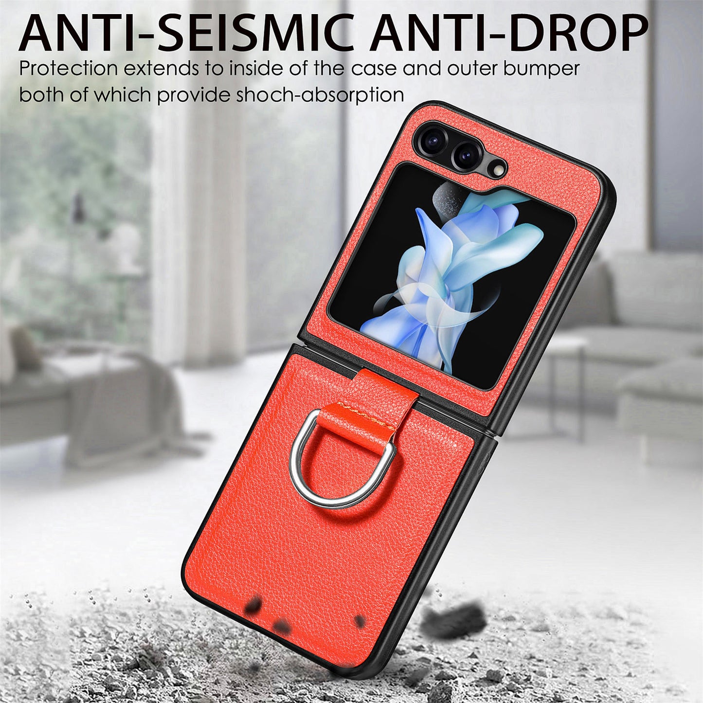 Uniqkart for Samsung Galaxy Z Flip5 5G Kickstand Phone Case Litchi Texture Leather+Hard PC Protective Cover - Orange