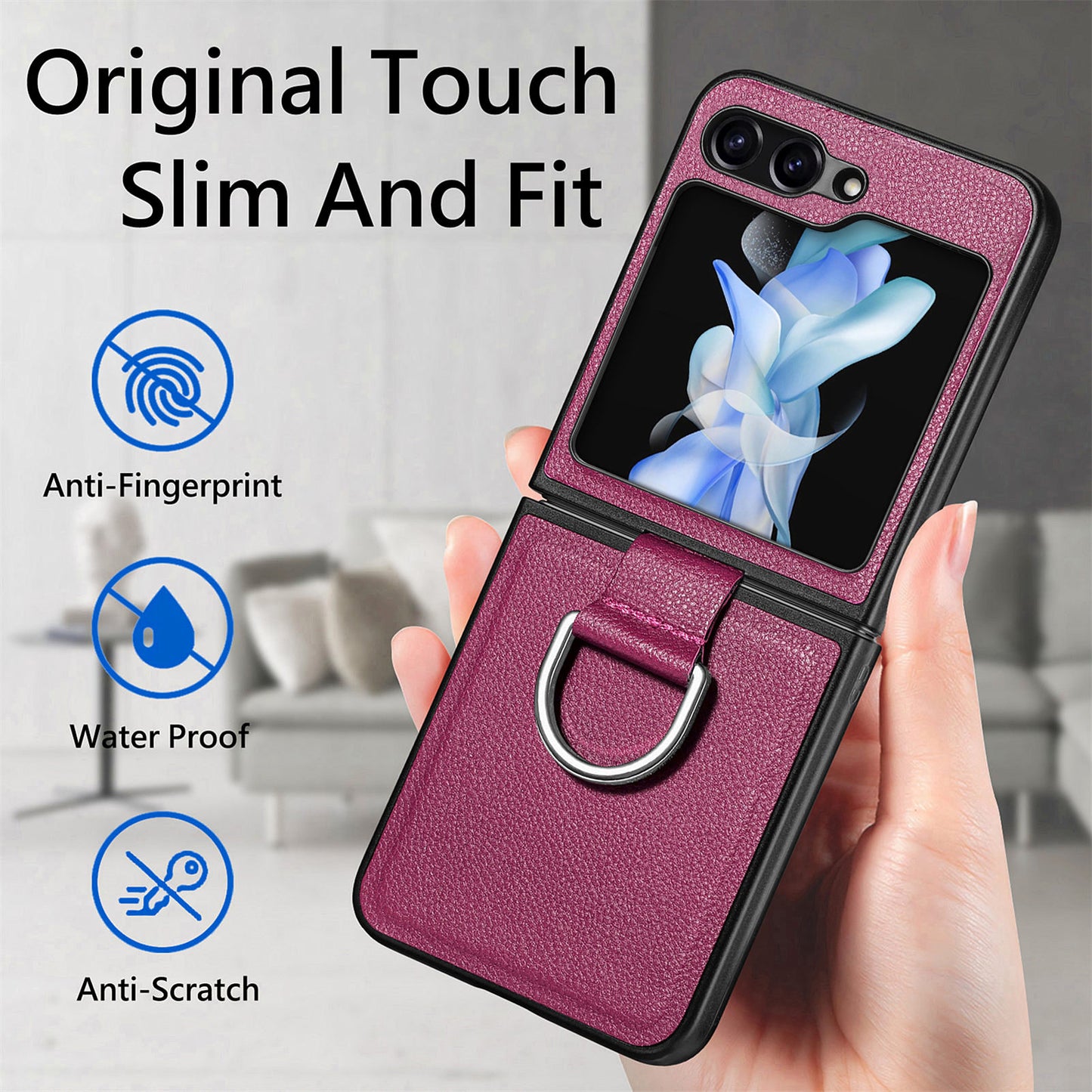 Uniqkart for Samsung Galaxy Z Flip5 5G Kickstand Phone Case Litchi Texture Leather+Hard PC Protective Cover - Purple