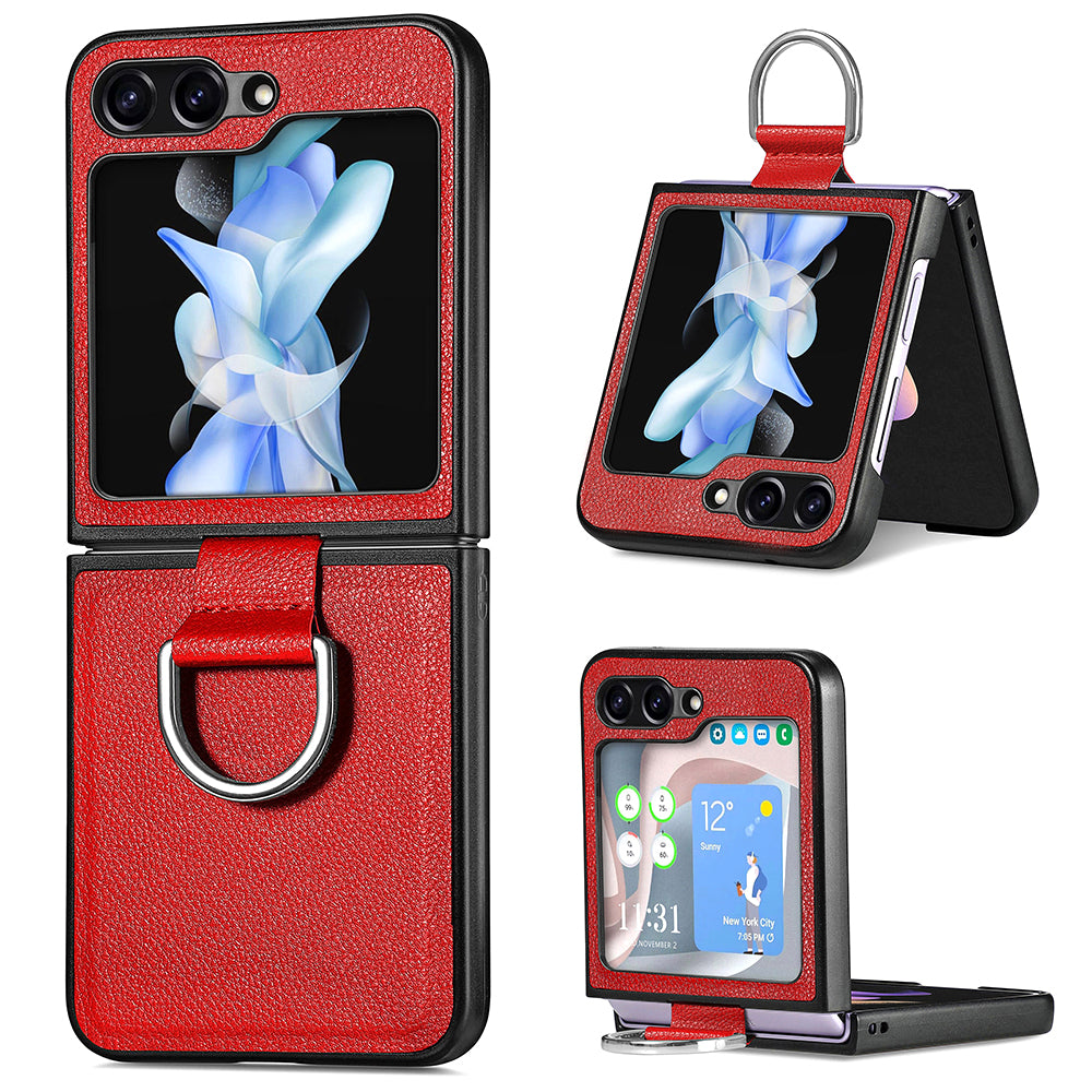 Uniqkart for Samsung Galaxy Z Flip5 5G Kickstand Phone Case Litchi Texture Leather+Hard PC Protective Cover - Red