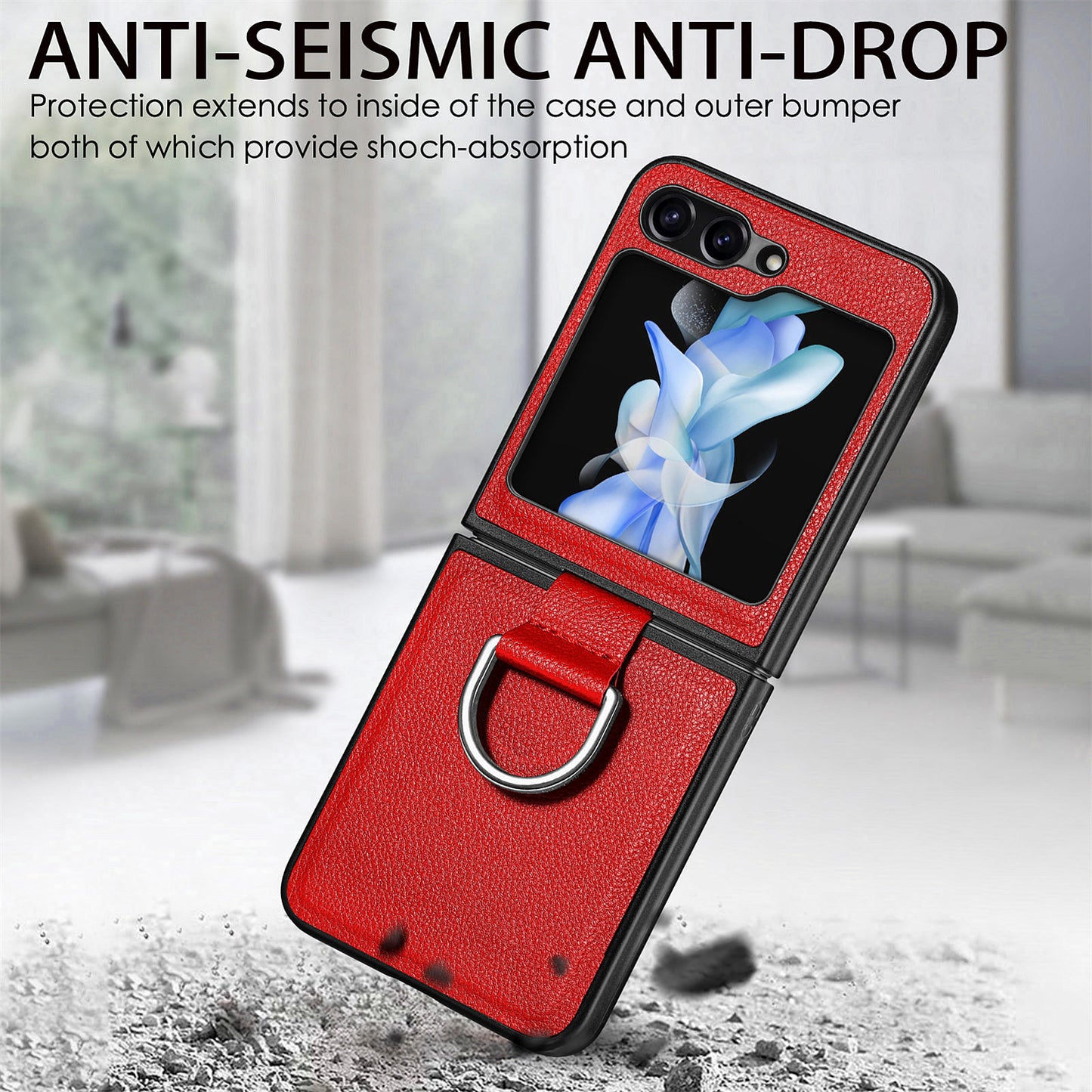Uniqkart for Samsung Galaxy Z Flip5 5G Kickstand Phone Case Litchi Texture Leather+Hard PC Protective Cover - Red