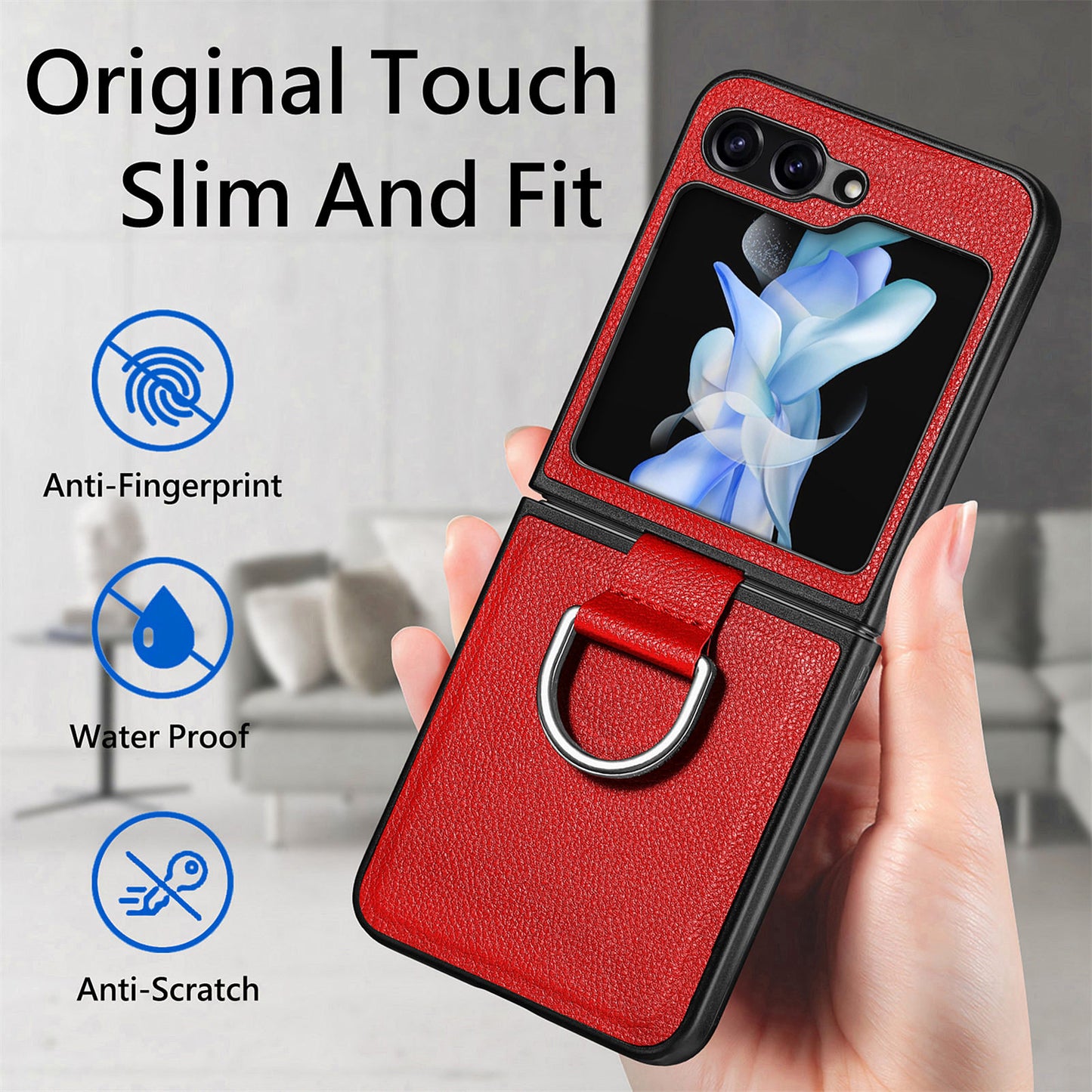 Uniqkart for Samsung Galaxy Z Flip5 5G Kickstand Phone Case Litchi Texture Leather+Hard PC Protective Cover - Red