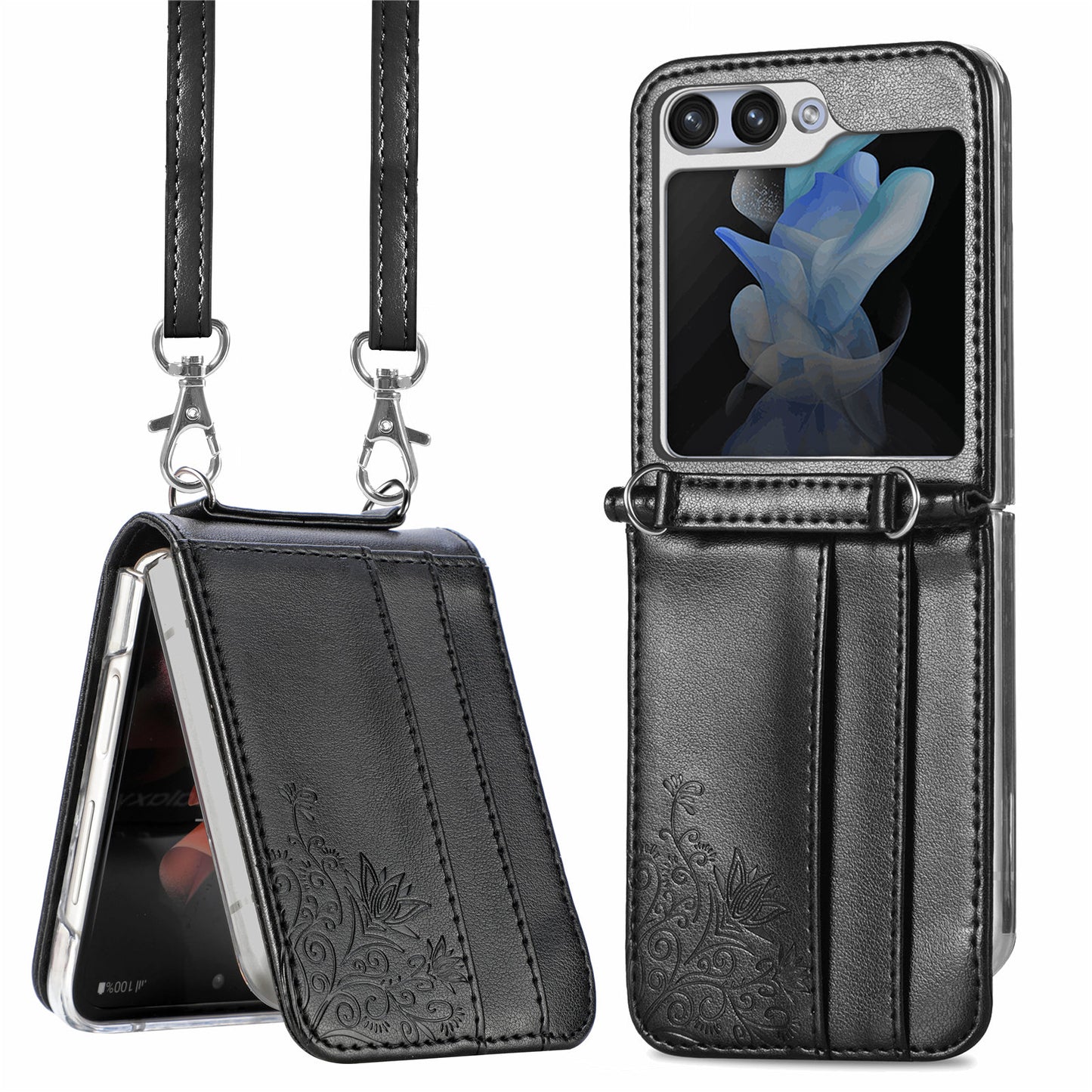 Uniqkart for Samsung Galaxy Z Flip5 5G PU Leather+PC Card Holder Case Flower Imprinted Phone Cover with Shoulder Strap - Black