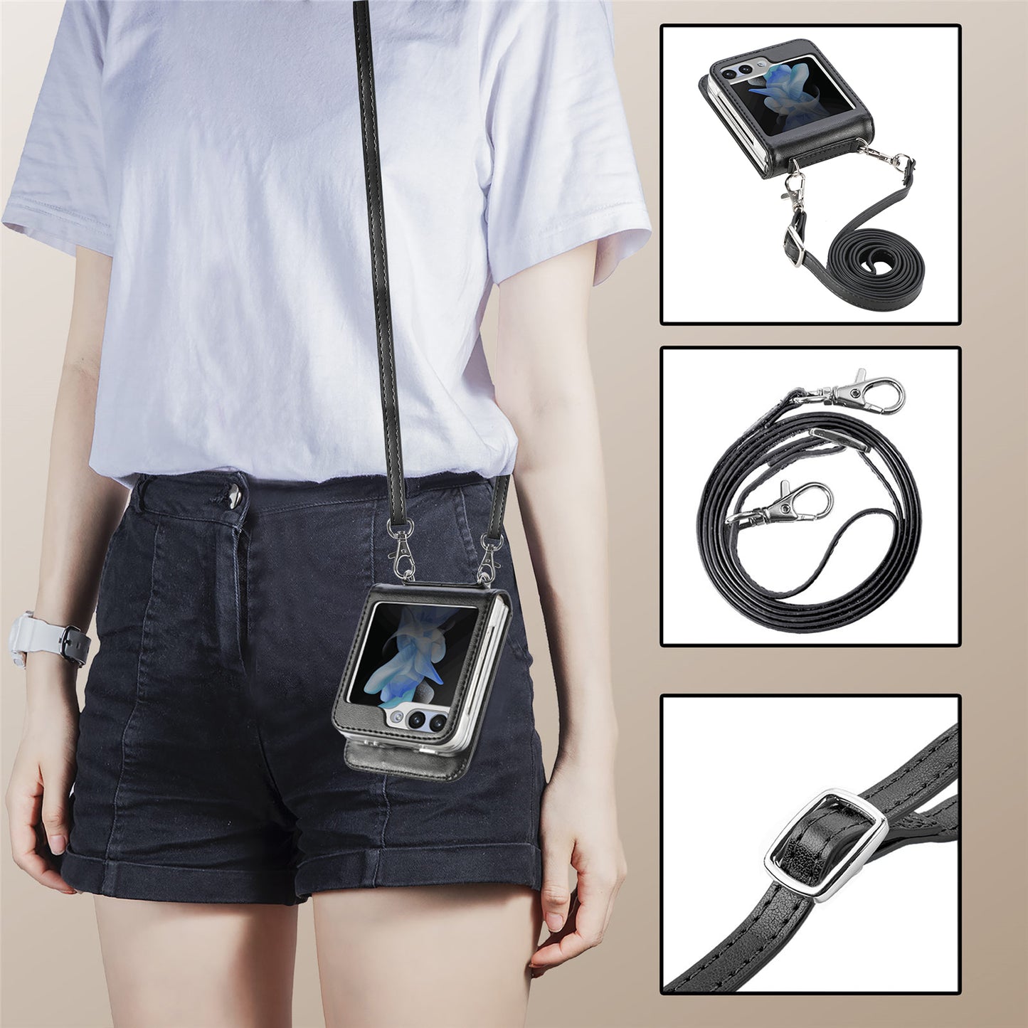Uniqkart for Samsung Galaxy Z Flip5 5G PU Leather+PC Card Holder Case Flower Imprinted Phone Cover with Shoulder Strap - Black